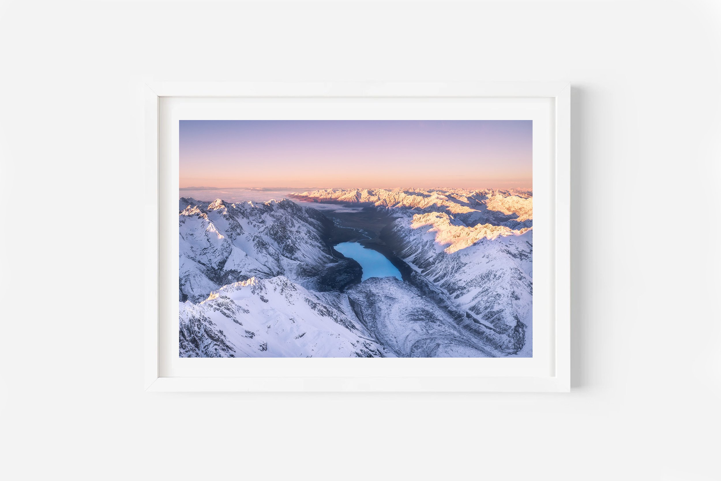 Lake Tasman sunrise Mount Cook aerial NZ Print