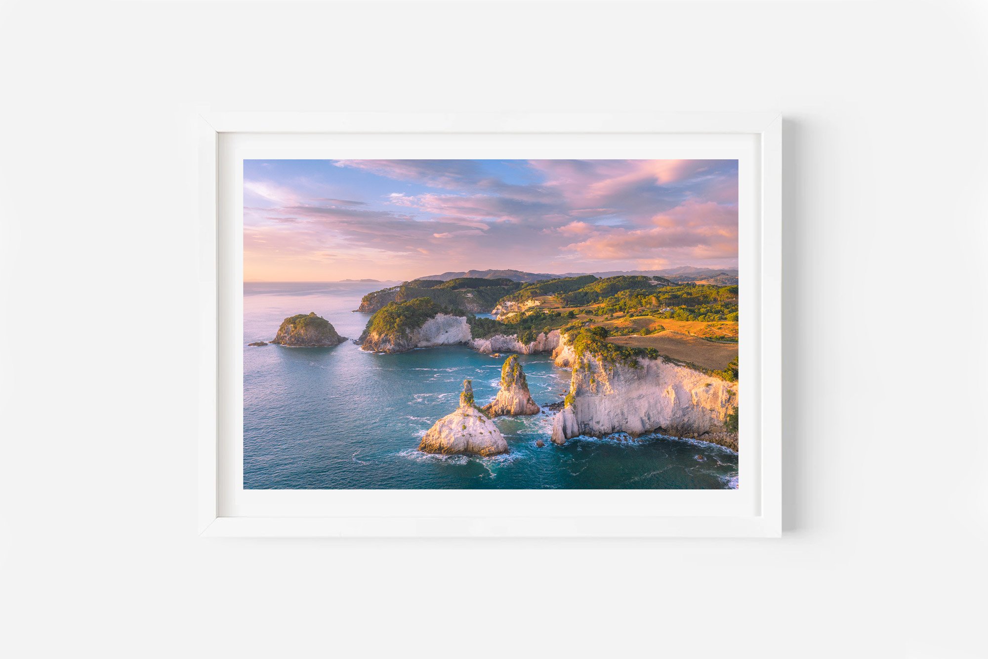 Champagne Rock Hahei Coromandel sunrise aerial NZ Print