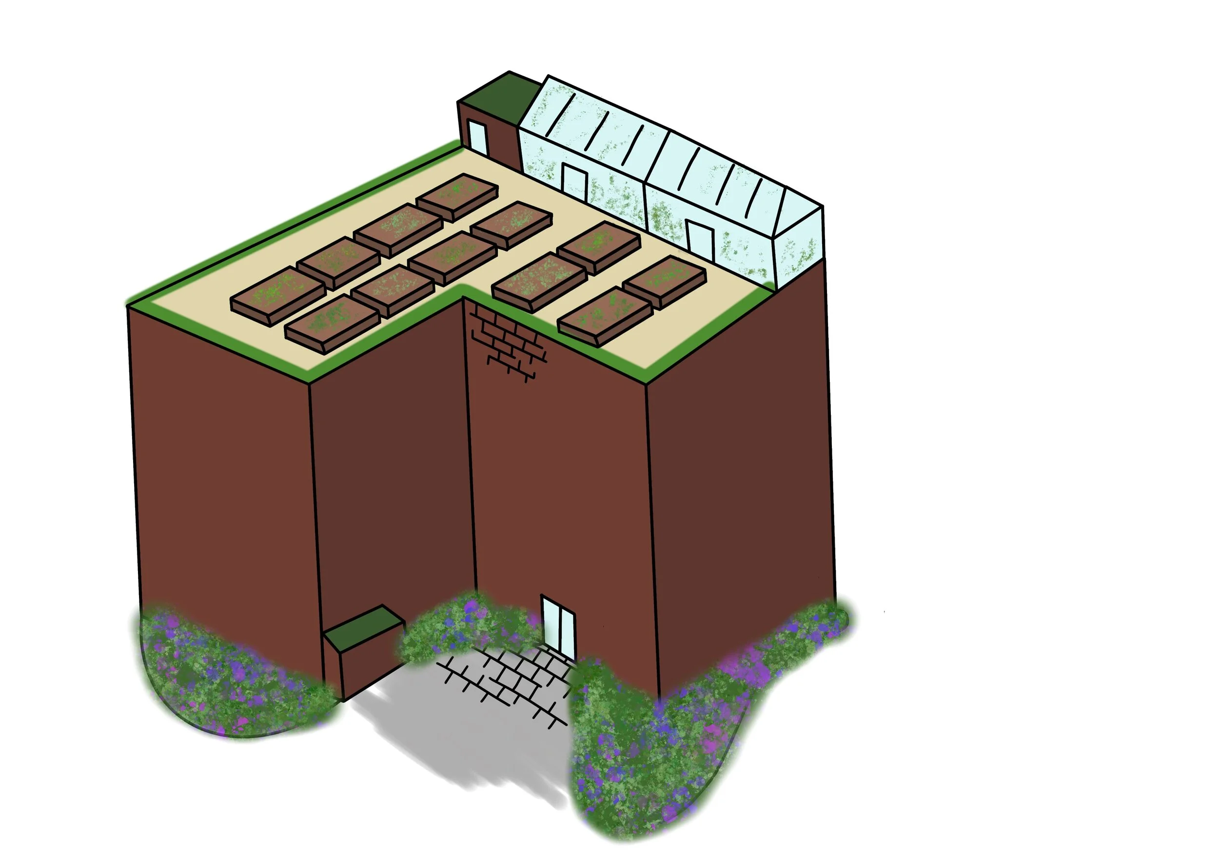 Residential block with roof garden and greenhouse