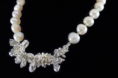 Sterling silver succulent cluster with hand-knotted freshwater pearl necklace