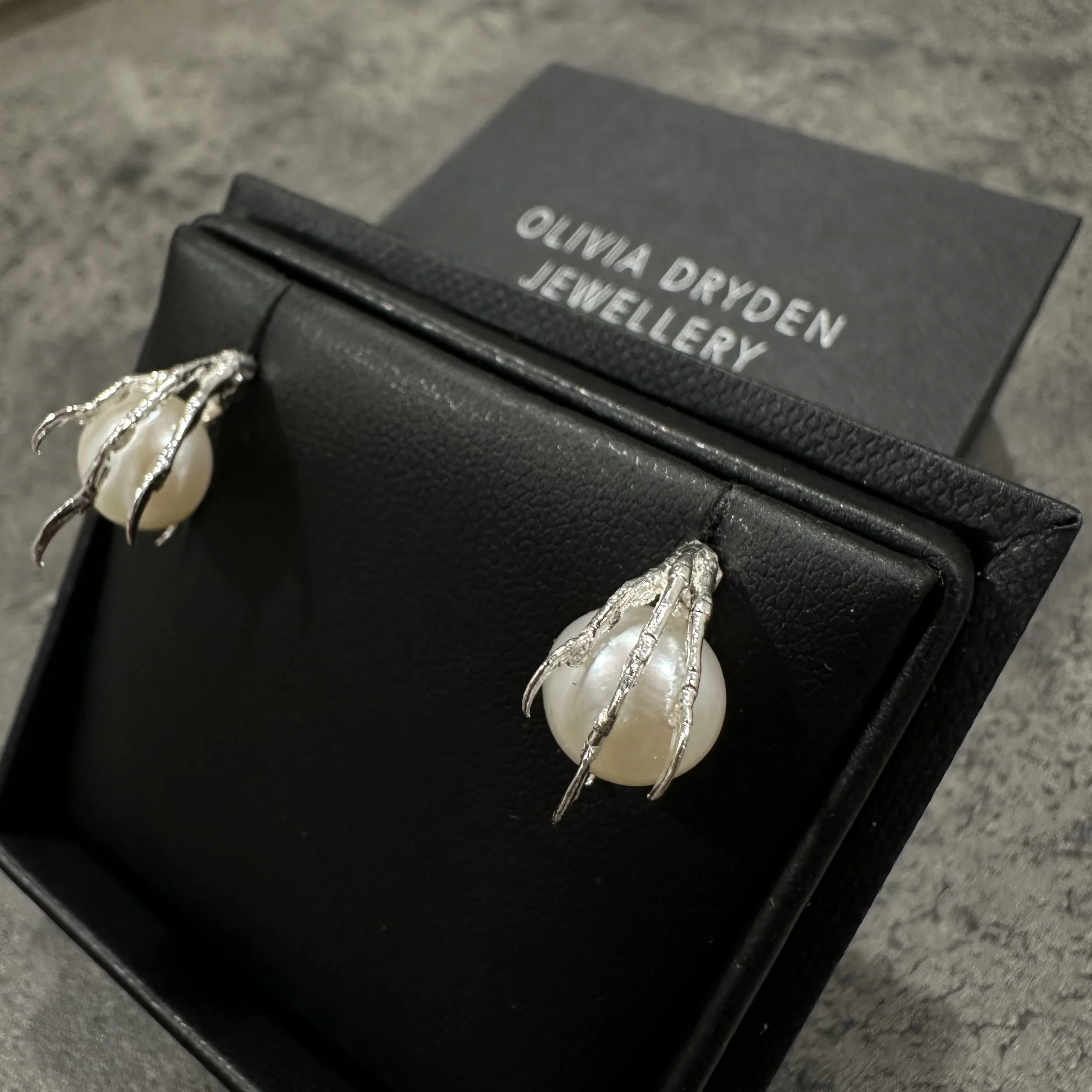 Bird Claws Clutching Pearls Stud Earrings - close.jpeg