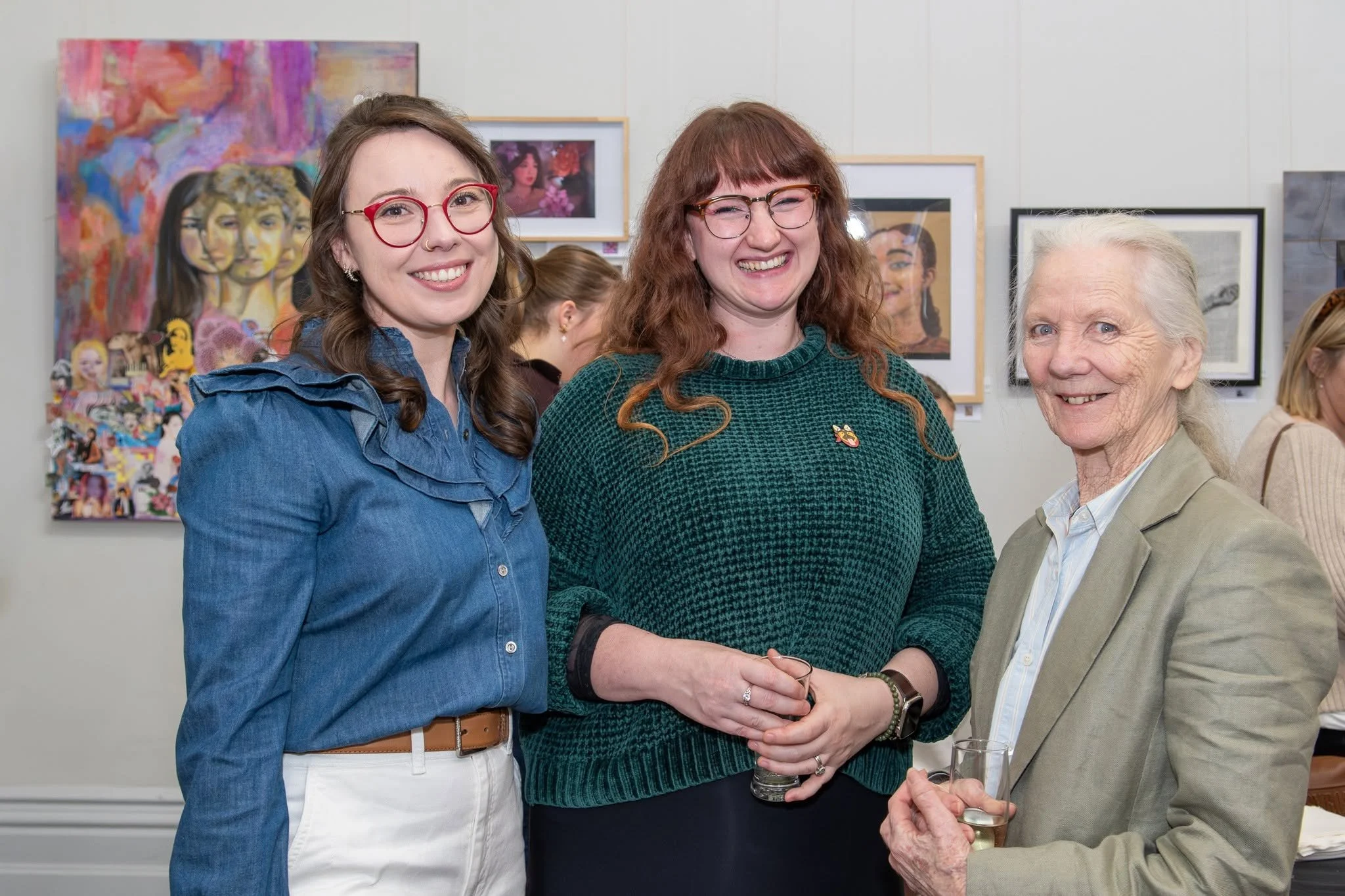 Olivia Dryden (left) with Alex Beckinsale (centre) and Sandra Earle-Russo (right) at the official opening of the 2026 Youthscape Art Prize at the Royal South Australian Society of Arts Gallery, Adelaide.