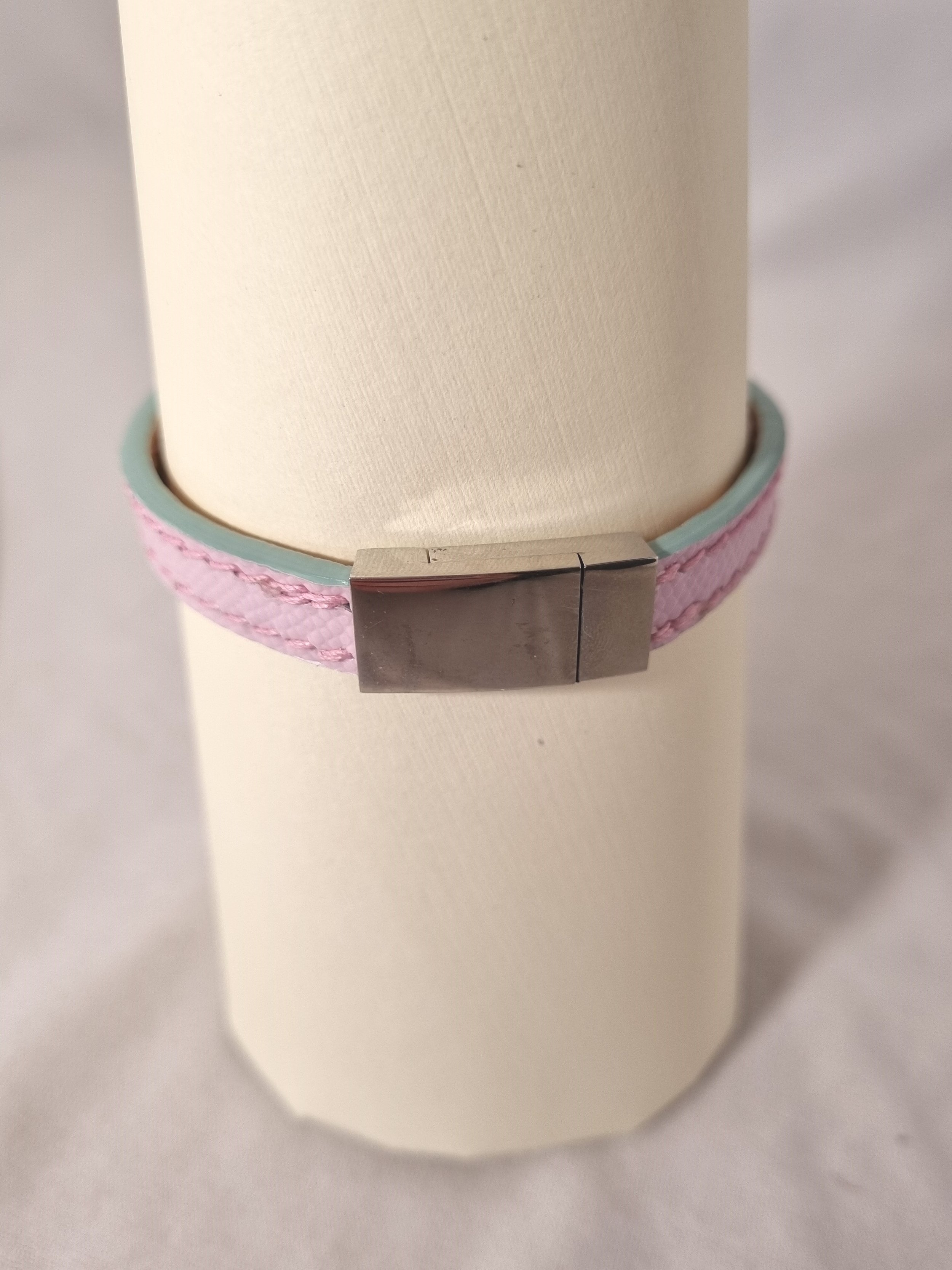 Pink hand stitched leather bracelet with magnet clasp