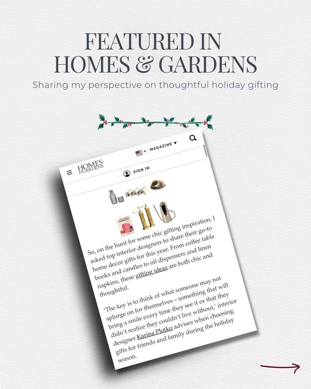 Honored to be featured in Homes &amp; Gardens.
I was invited to share my perspective on thoughtful holiday gifting - and what I believe truly makes a gift meaningful.
For me, it&rsquo;s not about trends or price points.
It&rsquo;s about choosing some