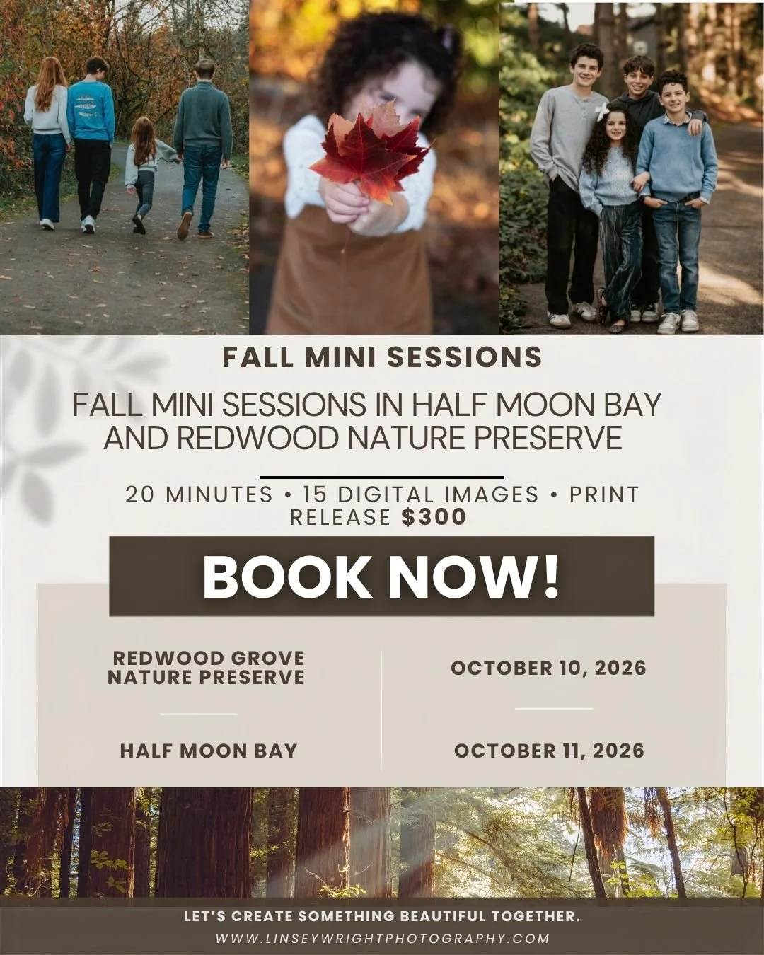 Fall Mini Sessions: October 10 &amp; 11 at Redwood Grove Nature Preserve &amp; Half Moon Bay