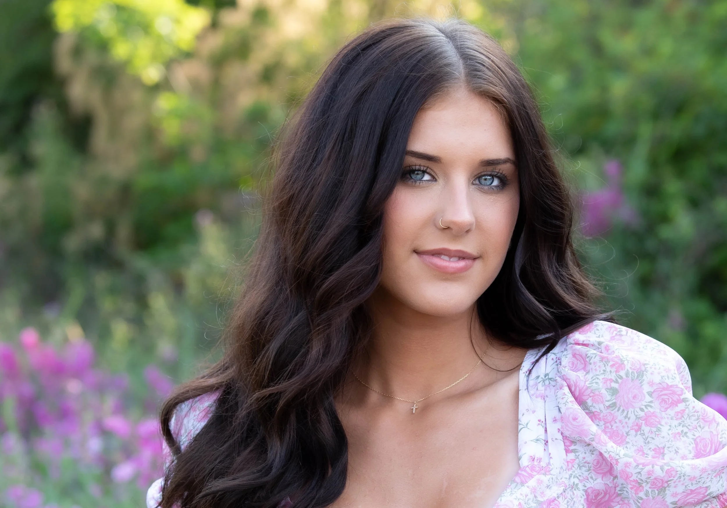 Senior High School Phootshoot, girl, surrounded by greenery and pink flowers, Portland, OR.