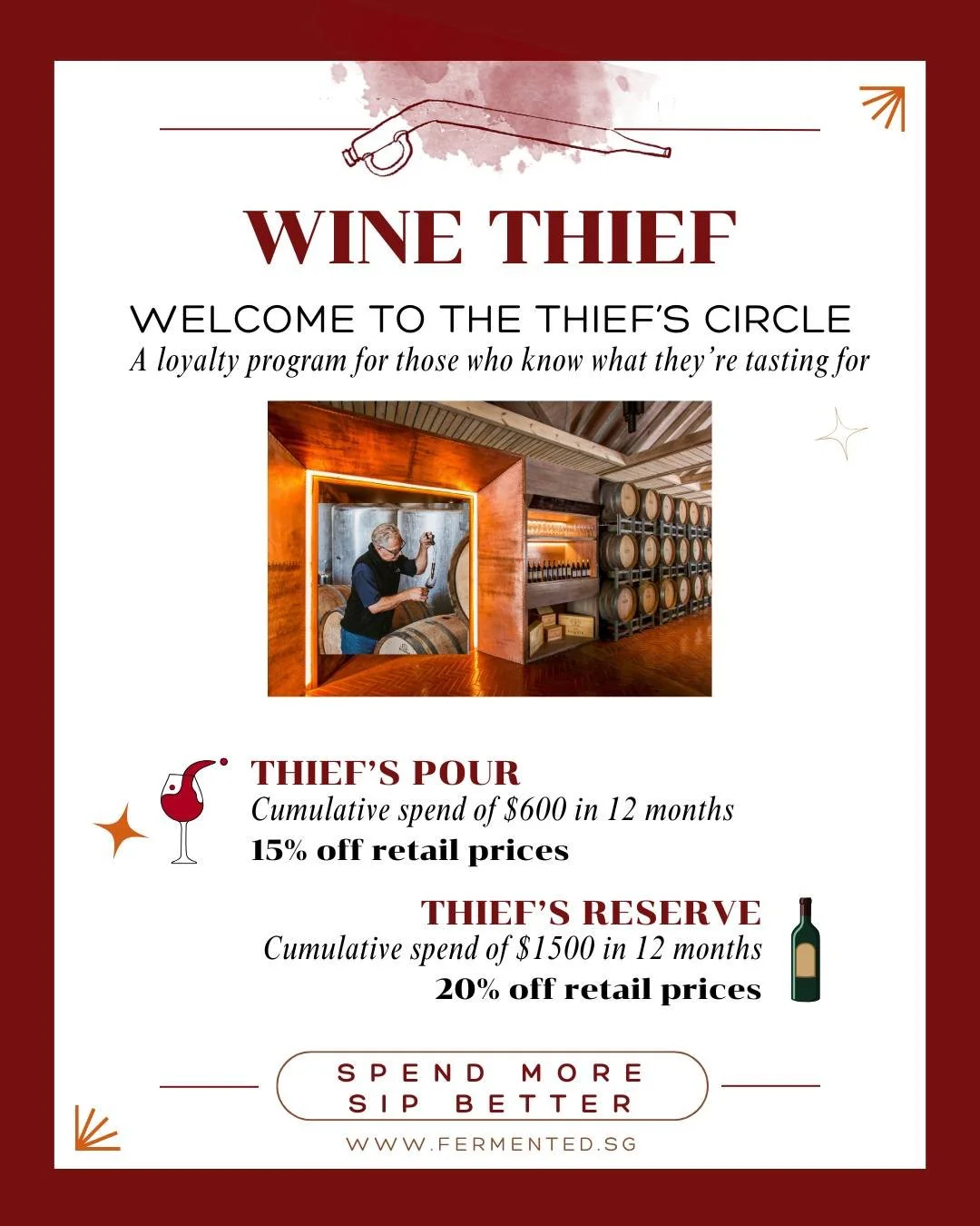 📣 𝐈𝐧𝐭𝐫𝐨𝐝𝐮𝐜𝐢𝐧𝐠: 𝐓𝐡𝐞 𝐓𝐡𝐢𝐞𝐟'𝐬 𝐂𝐢𝐫𝐜𝐥𝐞 🍷
Our exclusive loyalty program just got an upgrade.

If you've been buying wine from Fermented, you're already halfway to unlocking rewards!

🔓 𝐇𝐨𝐰 𝐢𝐭 𝐖𝐨𝐫𝐤𝐬:
As you sip your wa