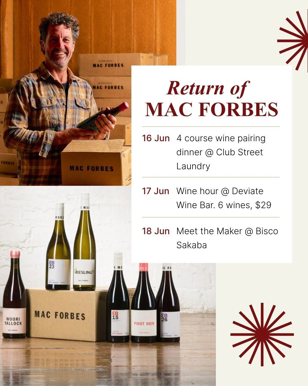 🍷 𝐑𝐄𝐓𝐔𝐑𝐍 𝐎𝐅 𝐓𝐇𝐄 𝐌𝐀𝐂 🍷

𝐌𝐚𝐜 𝐅𝐨𝐫𝐛𝐞𝐬 𝐢𝐬 𝐛𝐚𝐜𝐤 𝐢𝐧 𝐒𝐢𝐧𝐠𝐚𝐩𝐨𝐫𝐞, bringing with him the wines that have made him one of the Yarra Valley's most respected voices. A true champion of site and season, Mac has spent years 