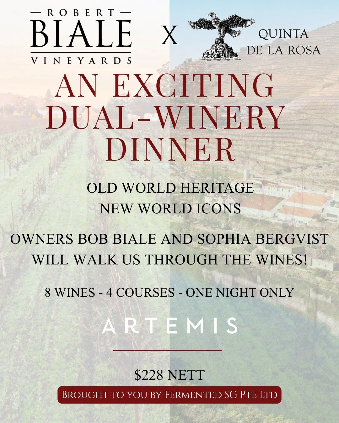 𝐎𝐥𝐝 𝐖𝐨𝐫𝐥𝐝 𝐡𝐞𝐫𝐢𝐭𝐚𝐠𝐞. 𝐍𝐞𝐰 𝐖𝐨𝐫𝐥𝐝 𝐢𝐜𝐨𝐧𝐬.

For one night only, we&rsquo;re bringing together two extraordinary wineries from opposite sides of the wine world &mdash; 𝐑𝐨𝐛𝐞𝐫𝐭 𝐁𝐢𝐚𝐥𝐞 𝐕𝐢𝐧𝐞𝐲𝐚𝐫𝐝𝐬 𝐚𝐧𝐝 𝐐𝐮𝐢𝐧𝐭