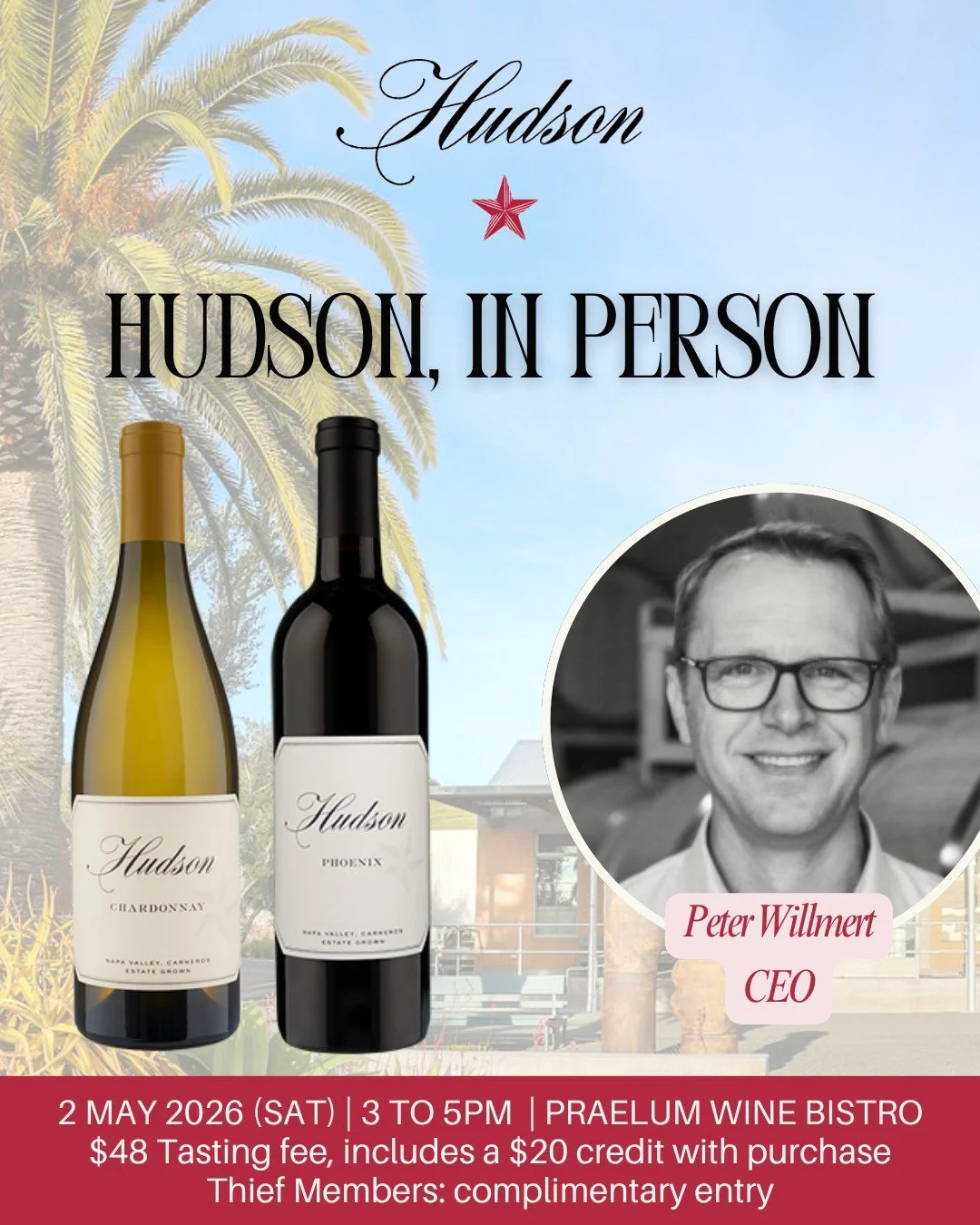 🍷 𝐇𝐮𝐝𝐬𝐨𝐧 𝐕𝐢𝐧𝐞𝐲𝐚𝐫𝐝𝐬 𝐒𝐩𝐞𝐜𝐢𝐚𝐥 𝐓𝐚𝐬𝐭𝐢𝐧𝐠 𝐰𝐢𝐭𝐡 𝐂𝐄𝐎 𝐏𝐞𝐭𝐞𝐫 𝐖𝐢𝐥𝐥𝐦𝐞𝐫𝐭 🇺🇸

Join us on 2 May for a focused tasting of two standout wines from Hudson Vineyards with CEO Peter Willmert, from a benchmark estate ren