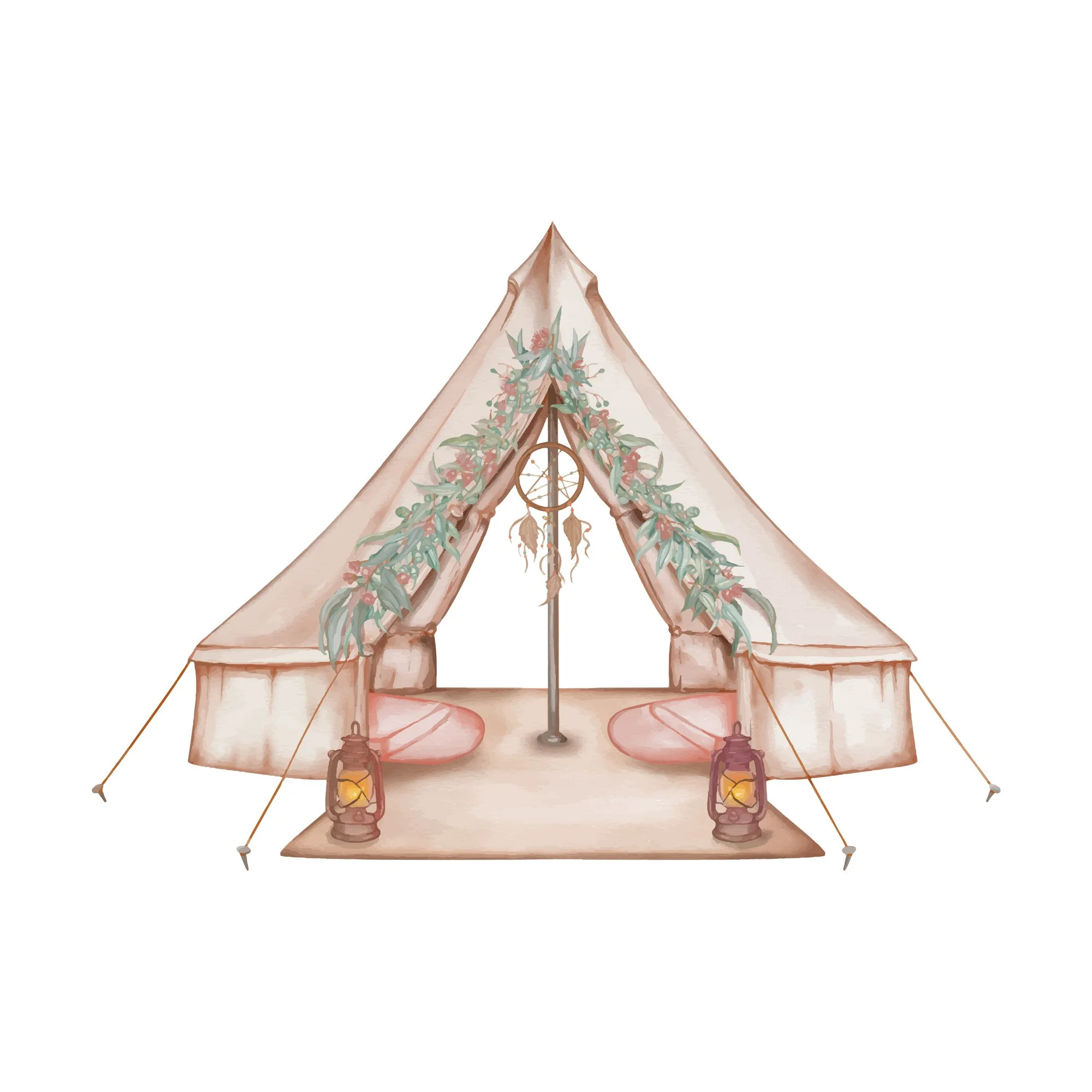 Watercolor illustration of a cozy bohemian-style tent with pink throw pillows, hanging dreamcatcher, lanterns, and greenery decoration.