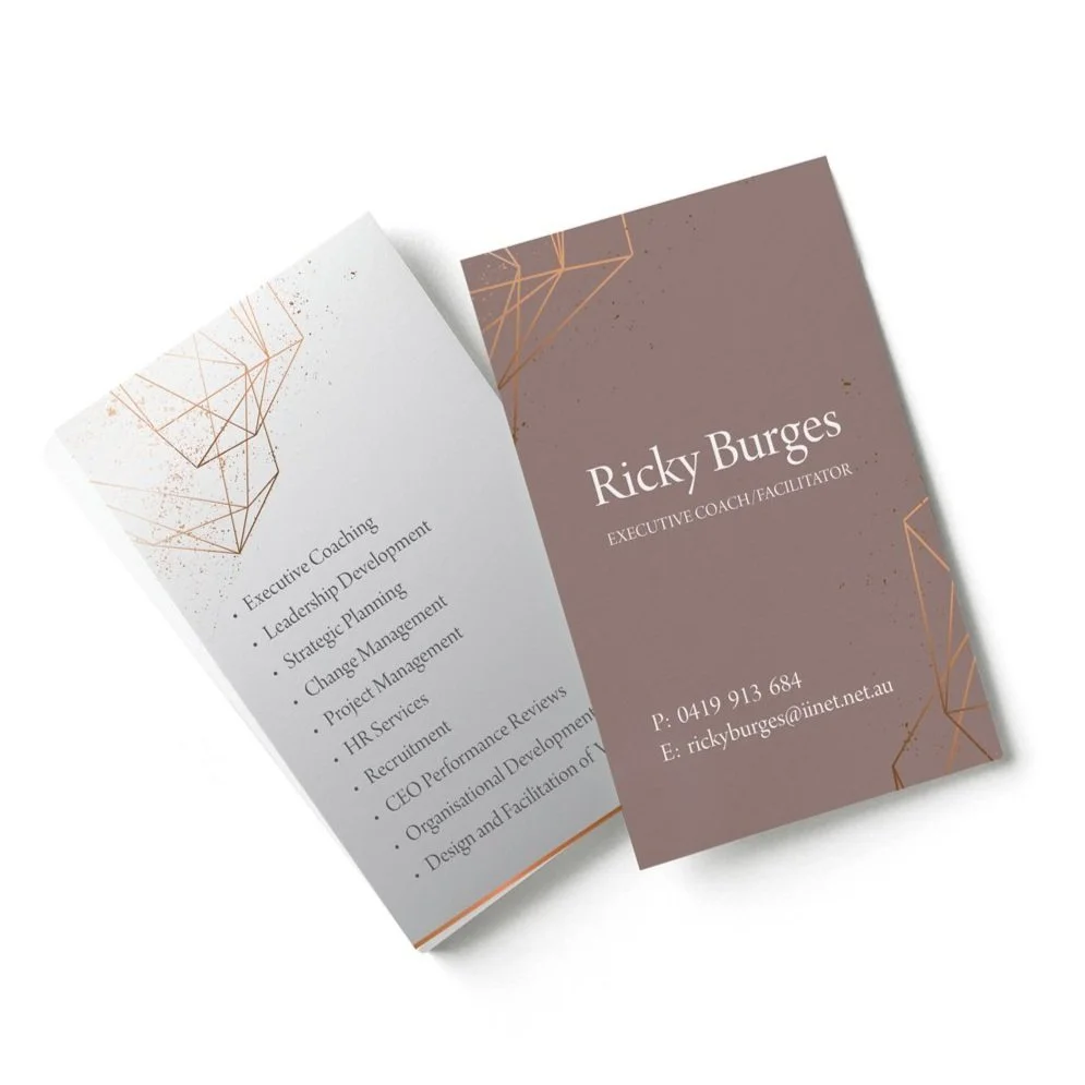 Business card design for Ricky Burges, an executive coach and facilitator, featuring contact details and a list of coaching services on the back.