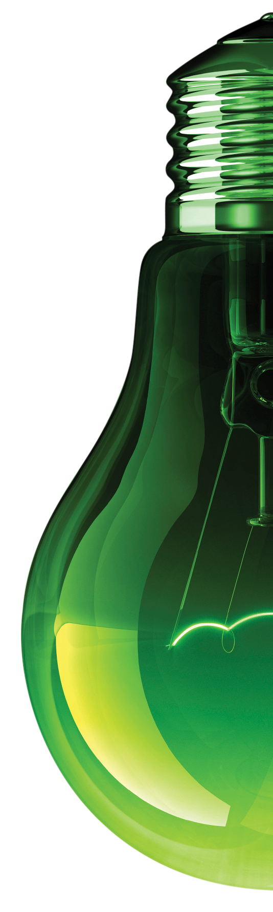 Close-up of a green incandescent light bulb, focusing on the glass and metallic screw base.