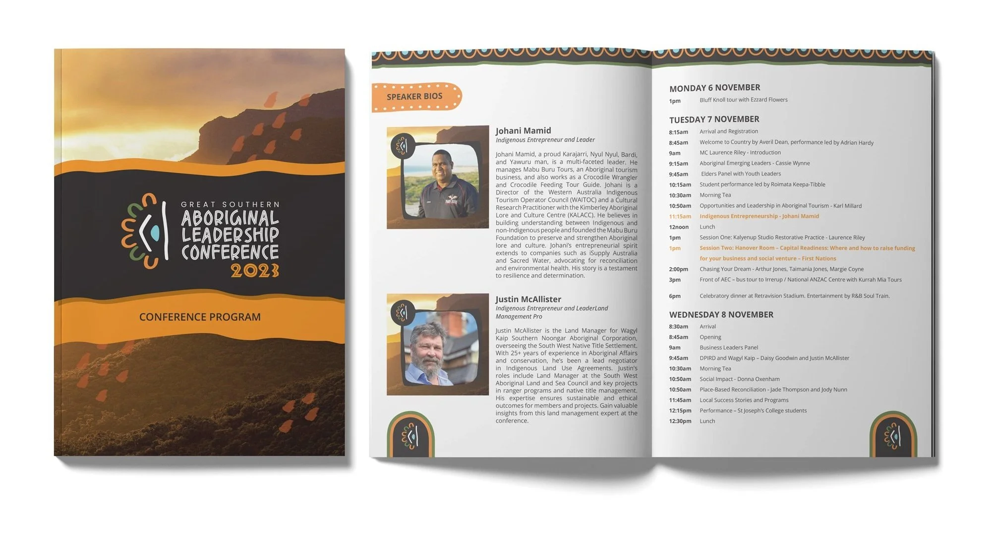 Conference program booklet cover with Indigenous artwork and the title "Great Southern Aboriginal Leadership Conference 2023". Inside pages show speaker bios and detailed schedule of events from November 6 to November 8, including speaker names, session topics, and times.