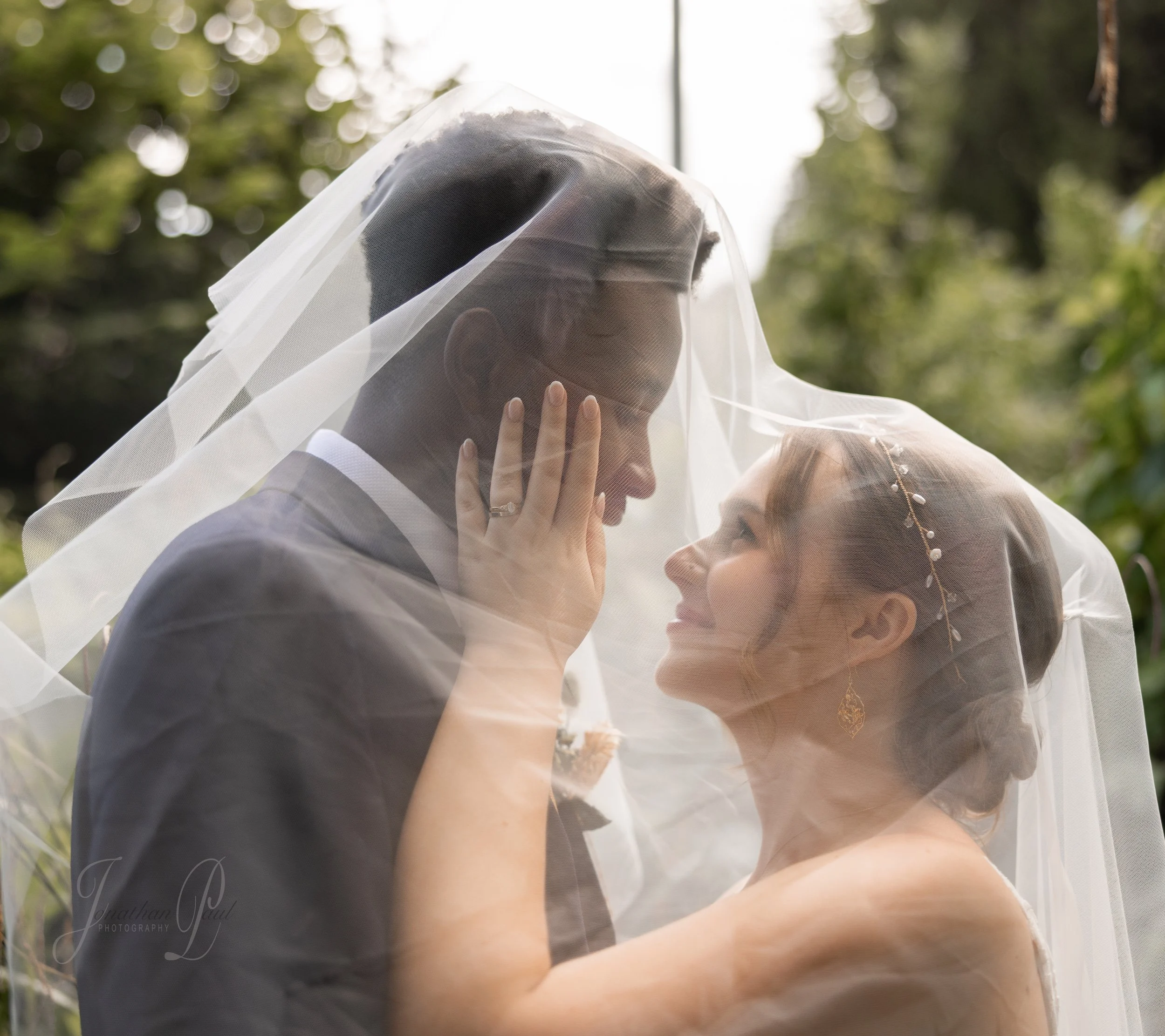 A bride and groom sharing a close moment under a wedding veil outdoors.