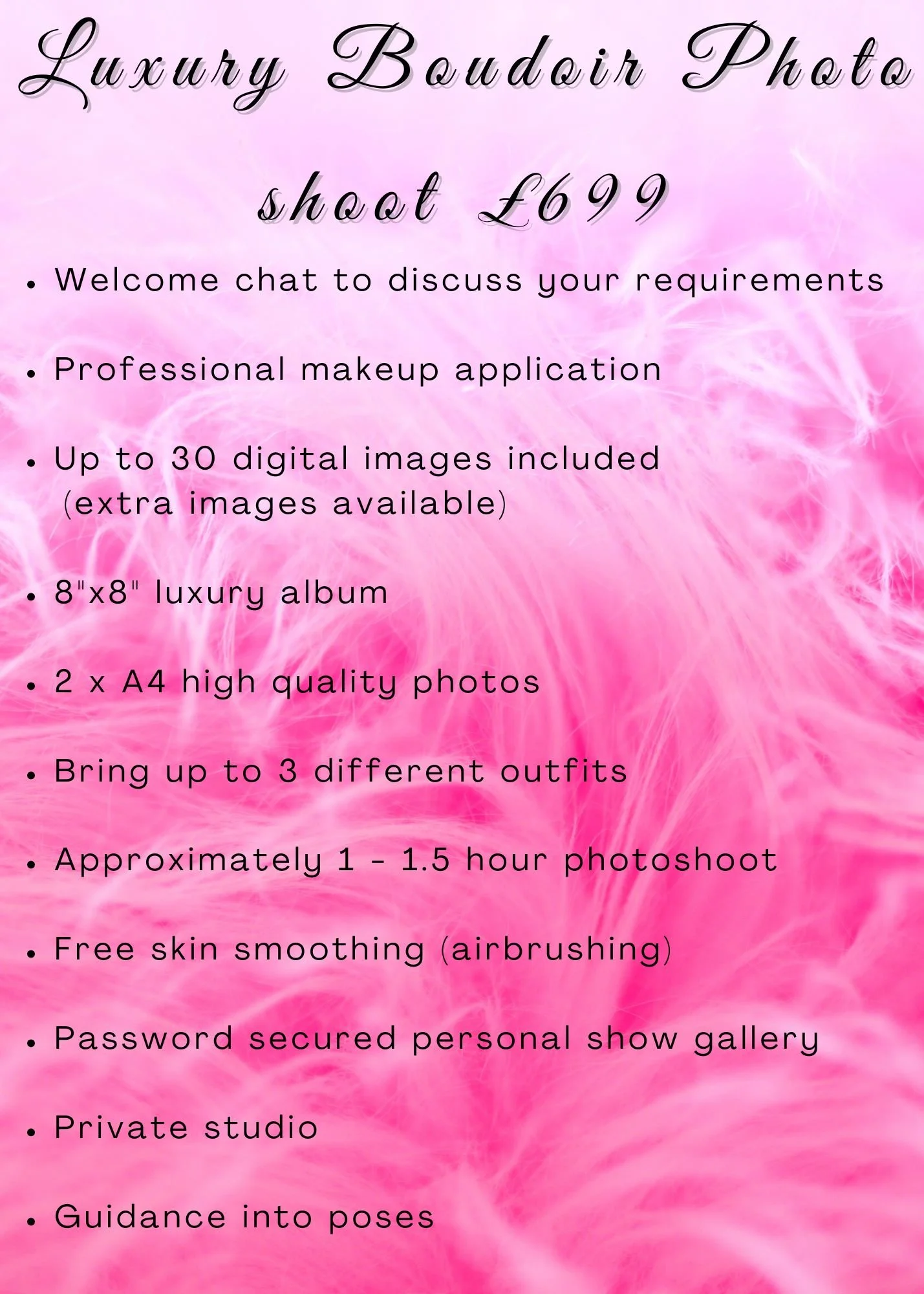 Pink feather background advertisement for luxury boudoir photography, offering a shoot for £699 with details about session features and services.