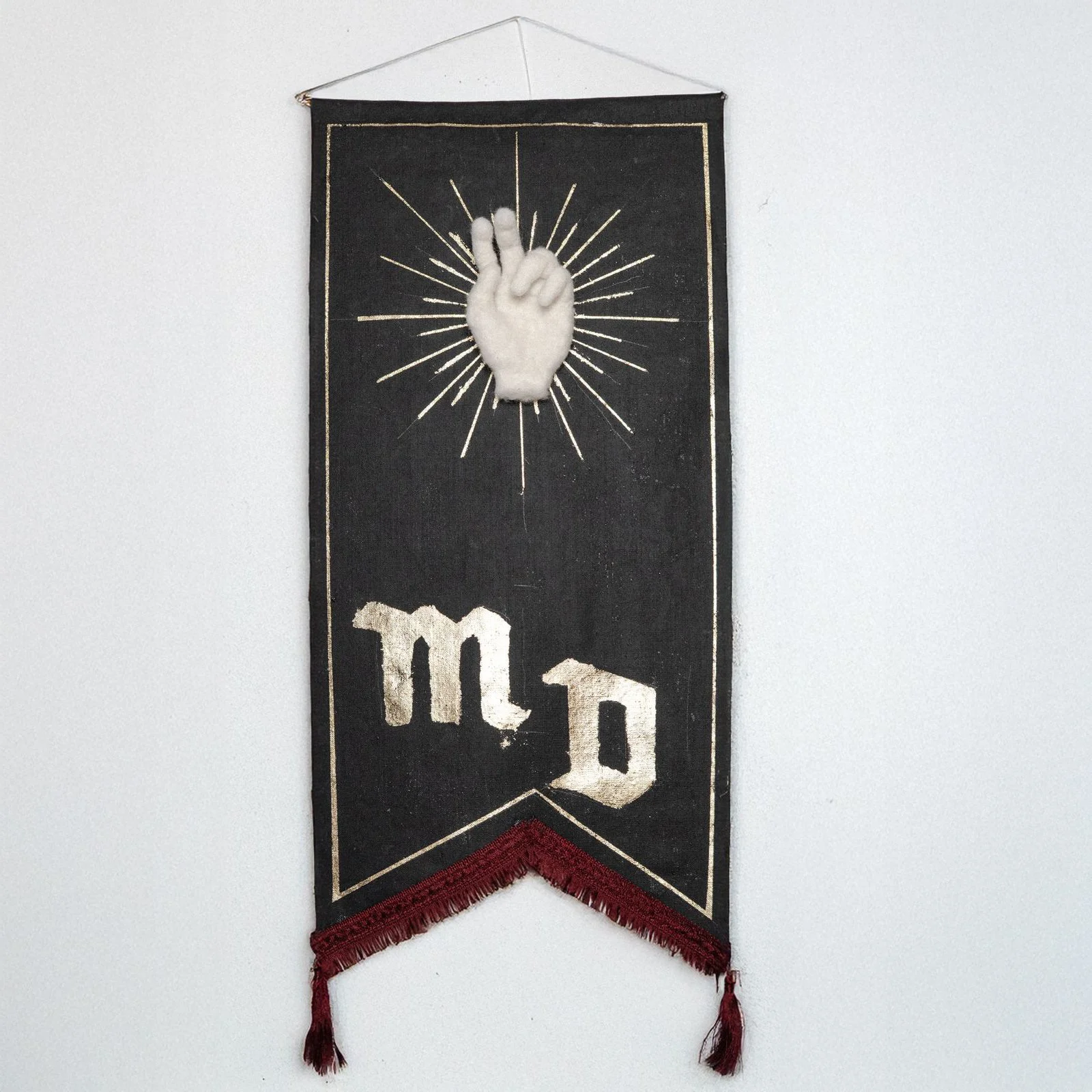 MERRY DOOMSDAY
MYSTICAL DAYDREAM
MERCYLESS DEDICATION
MUSEAL DISCOMFORT

Blessing and omen, worship and resistance. A sigil for those who walk between worlds.

Benediction - Procession Banner
Maison Douce
14x100cm, Textile, Wool, Leafgold, 2025

@mai