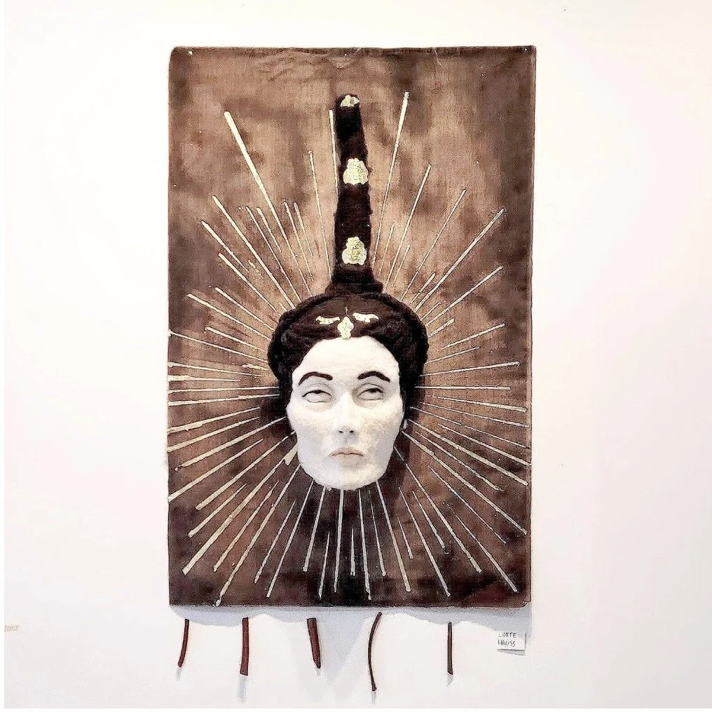 Soft Icons for Hard Times

Four banners, four thresholds&mdash;each a portal stitched in wool and gold.

From left to right:

Talking to Ghosts II (2024) &ndash; a communion with the unseen, felted into form.

It Rained Fish in 1984 (2023) &ndash; pr