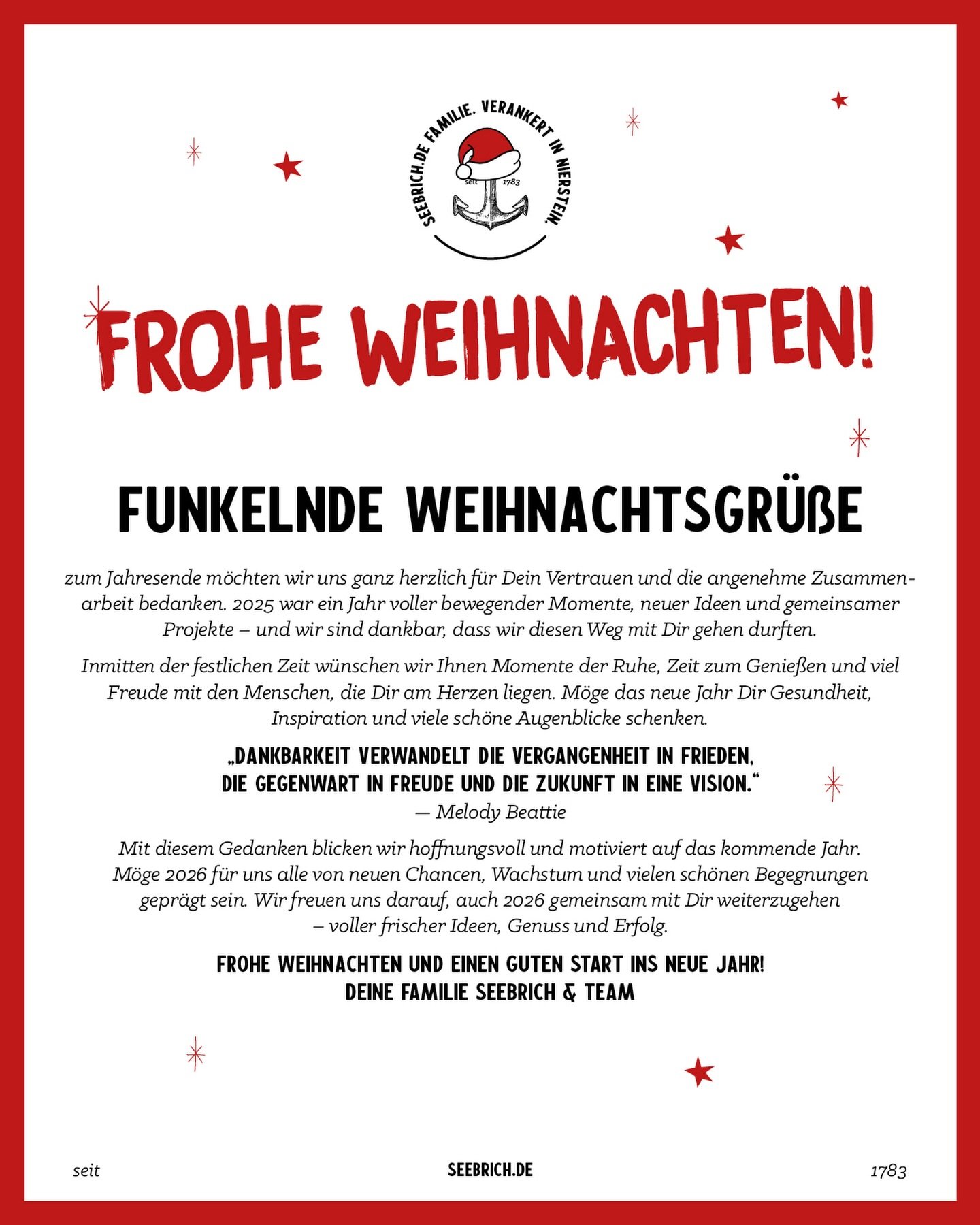 FUNKELNDE WEIHNACHTSGR&Uuml;&szlig;E

zum Jahresende m&ouml;chten wir uns ganz herzlich f&uuml;r Dein Vertrauen und die angenehme Zusammenarbeit bedanken. 2025 war ein Jahr voller bewegender Momente, neuer Ideen und gemeinsamer Projekte - und wir sin