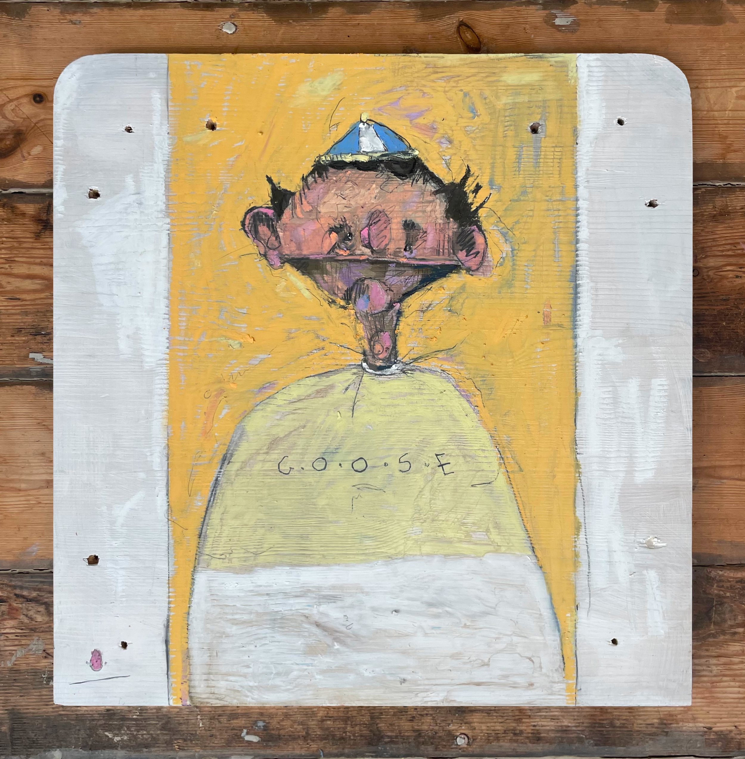 Self portrait as a goose, 2025, Pencil, oil paint and oil pastel on wood.