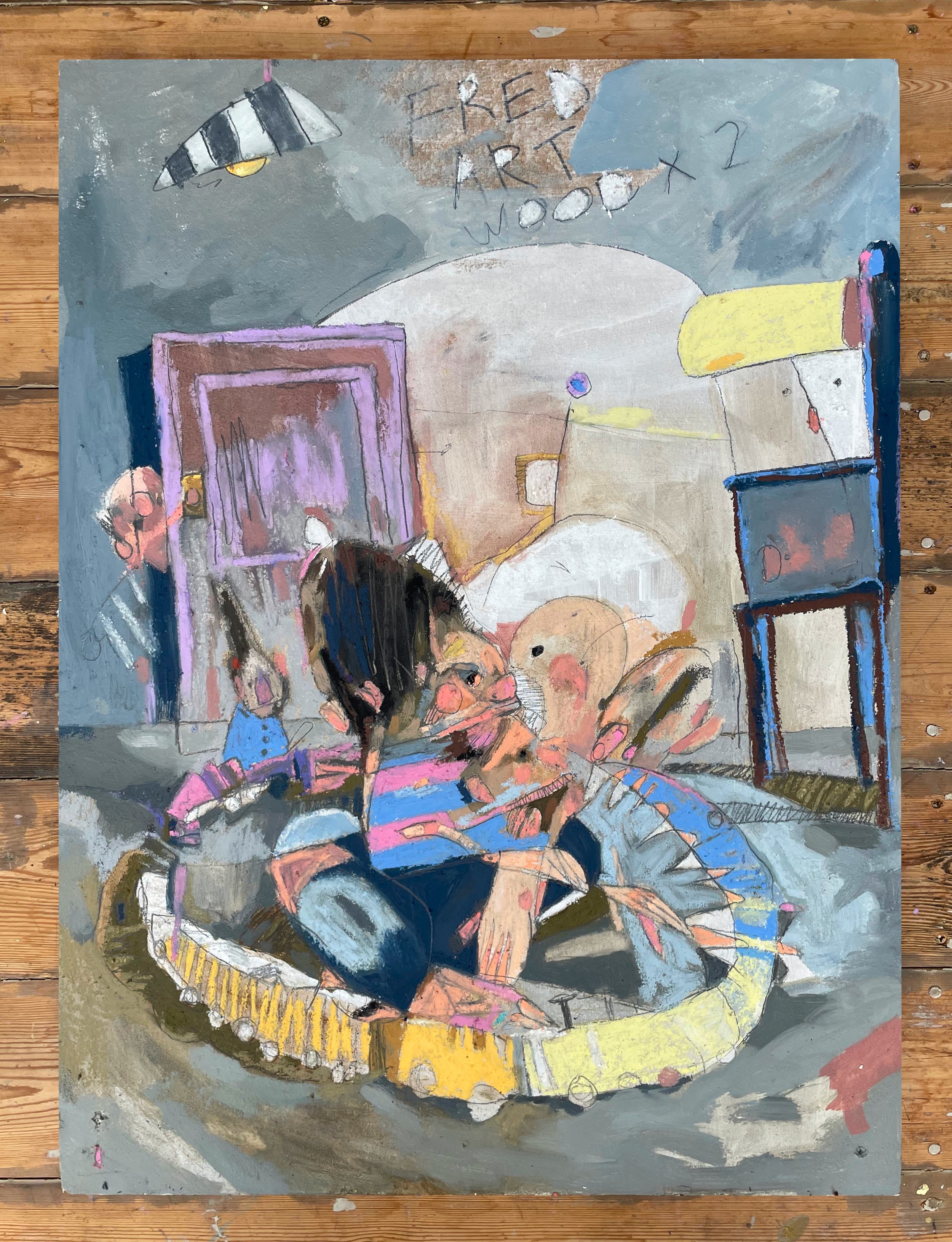 Fred Engine, 2025, Pencil, oil paint and oil pastel on wood.
