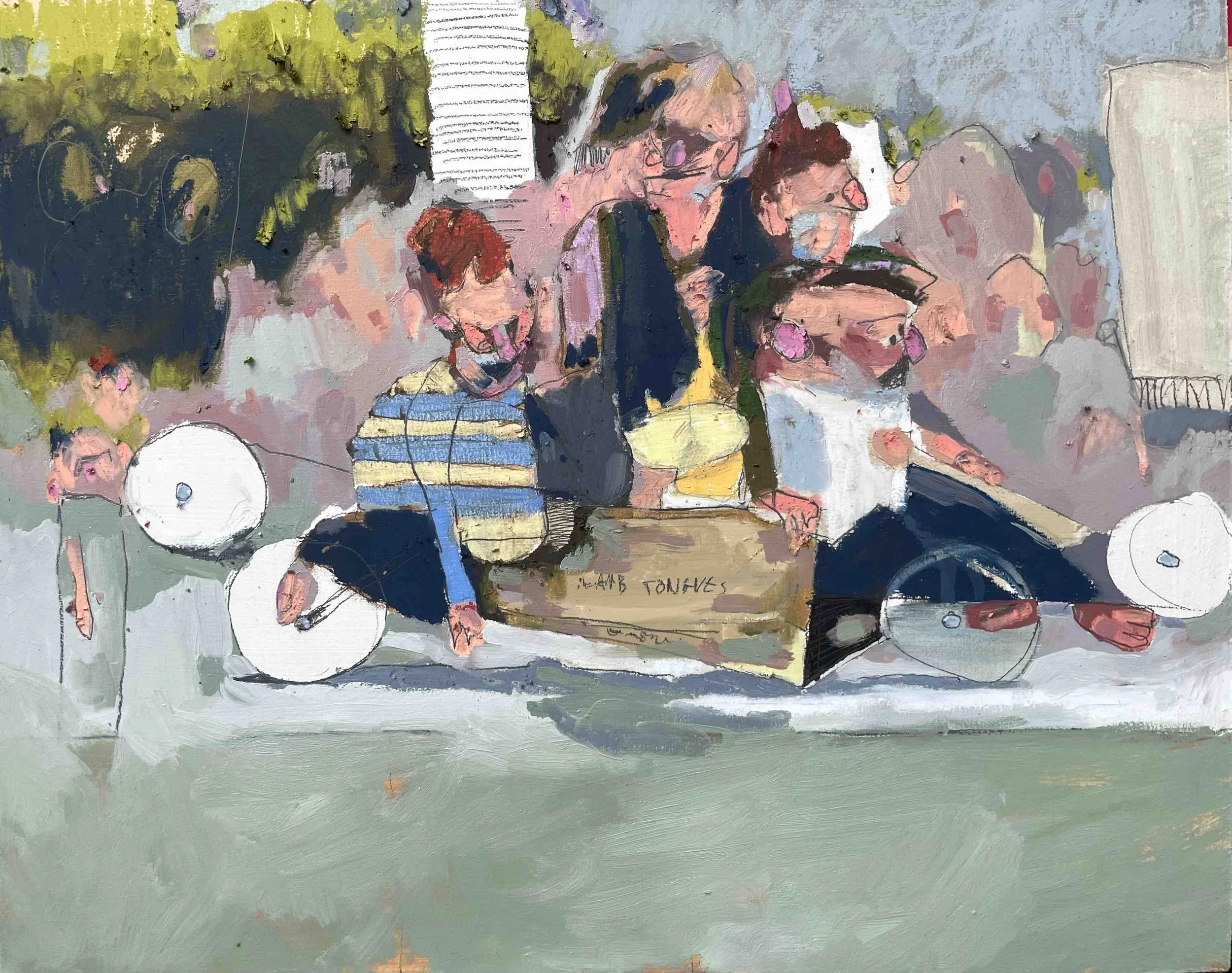 Box cart II, 2024, 48 x 37 cm, Pencil, oil paint and oil pastel on wood.