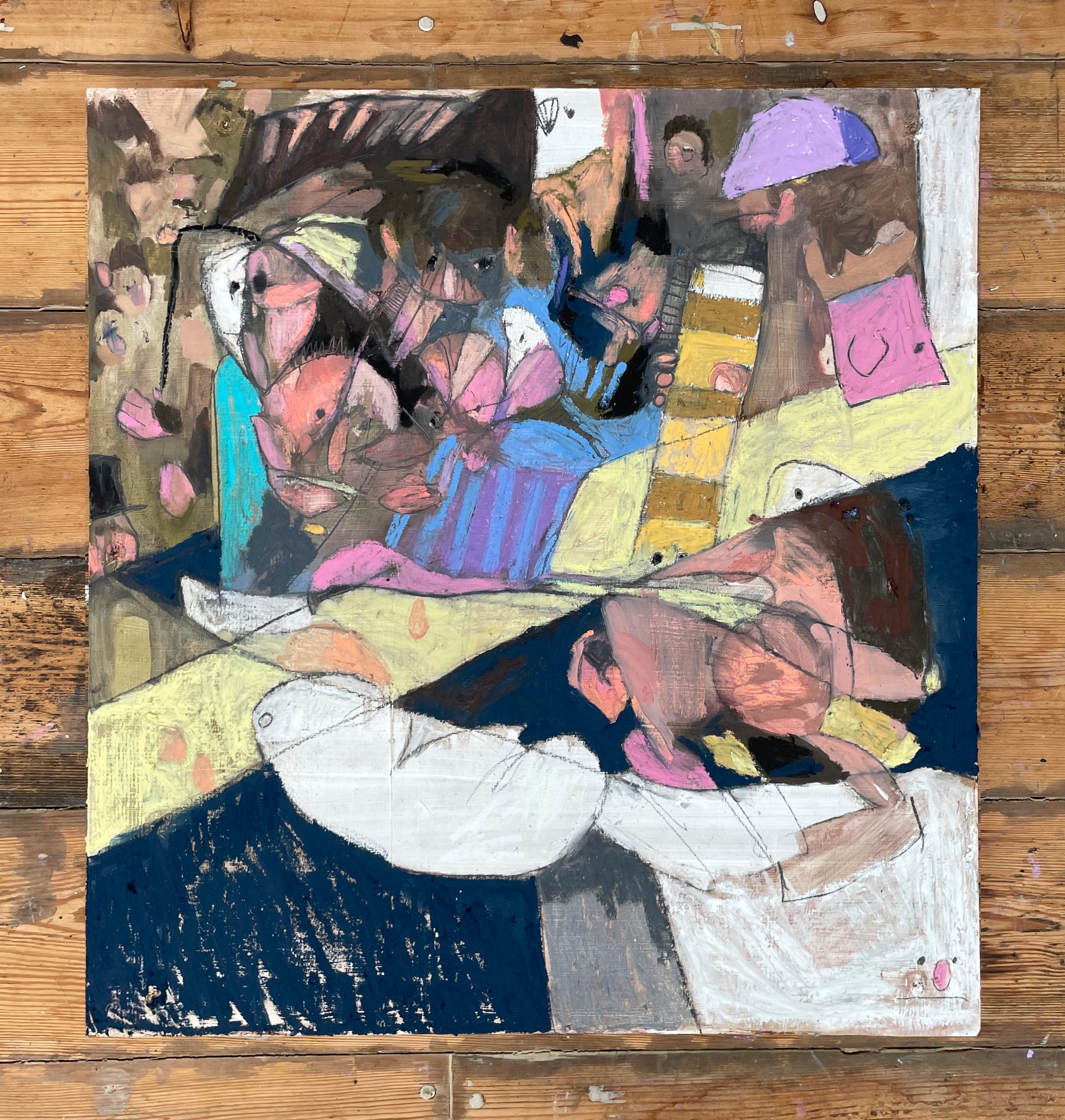 pint and a packet of hoglumps, 2025, Pencil, oil paint and oil pastel on wood.