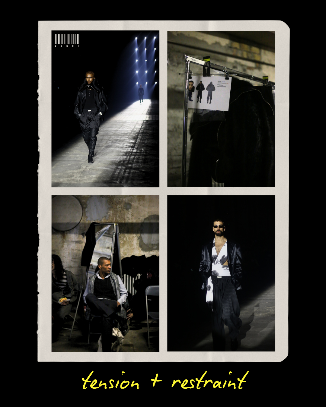 A 2x2 grid collage of dark, stoic portraits - two from backstage, two from the runway of GmbH's AW26 collection above text that reads "tension + restraint"