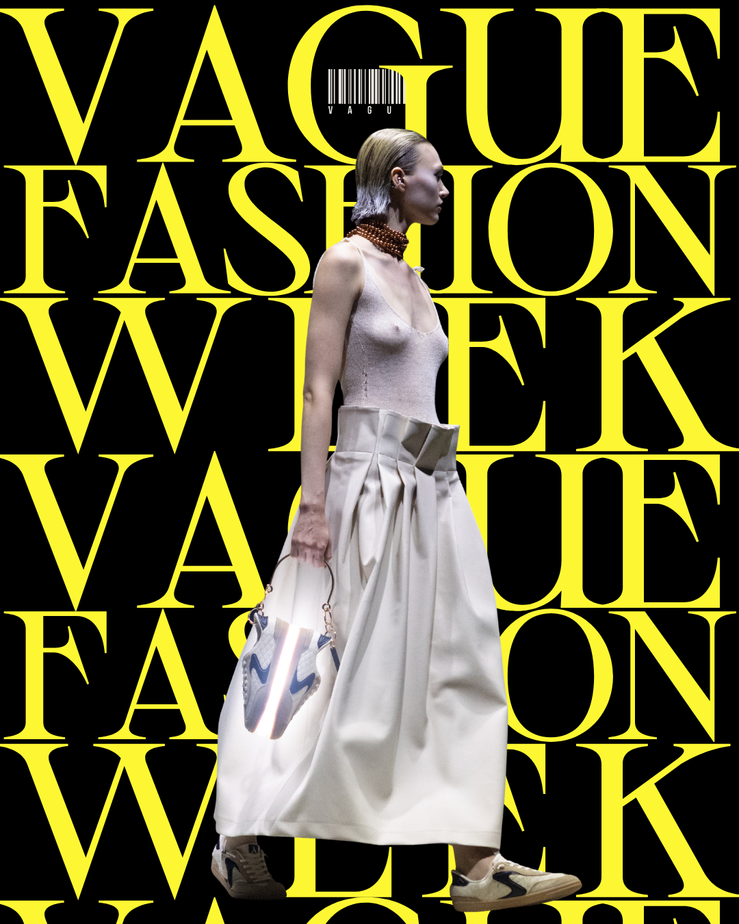 A full-length cut-out of a pale model with short blonde hair dressed in a sheer cream knitted tank top, cream maxi skirt with pleated waist & white trainers with a bag made of two trainers against a black backdrop with "VAGUE Fashion Week" in yellow