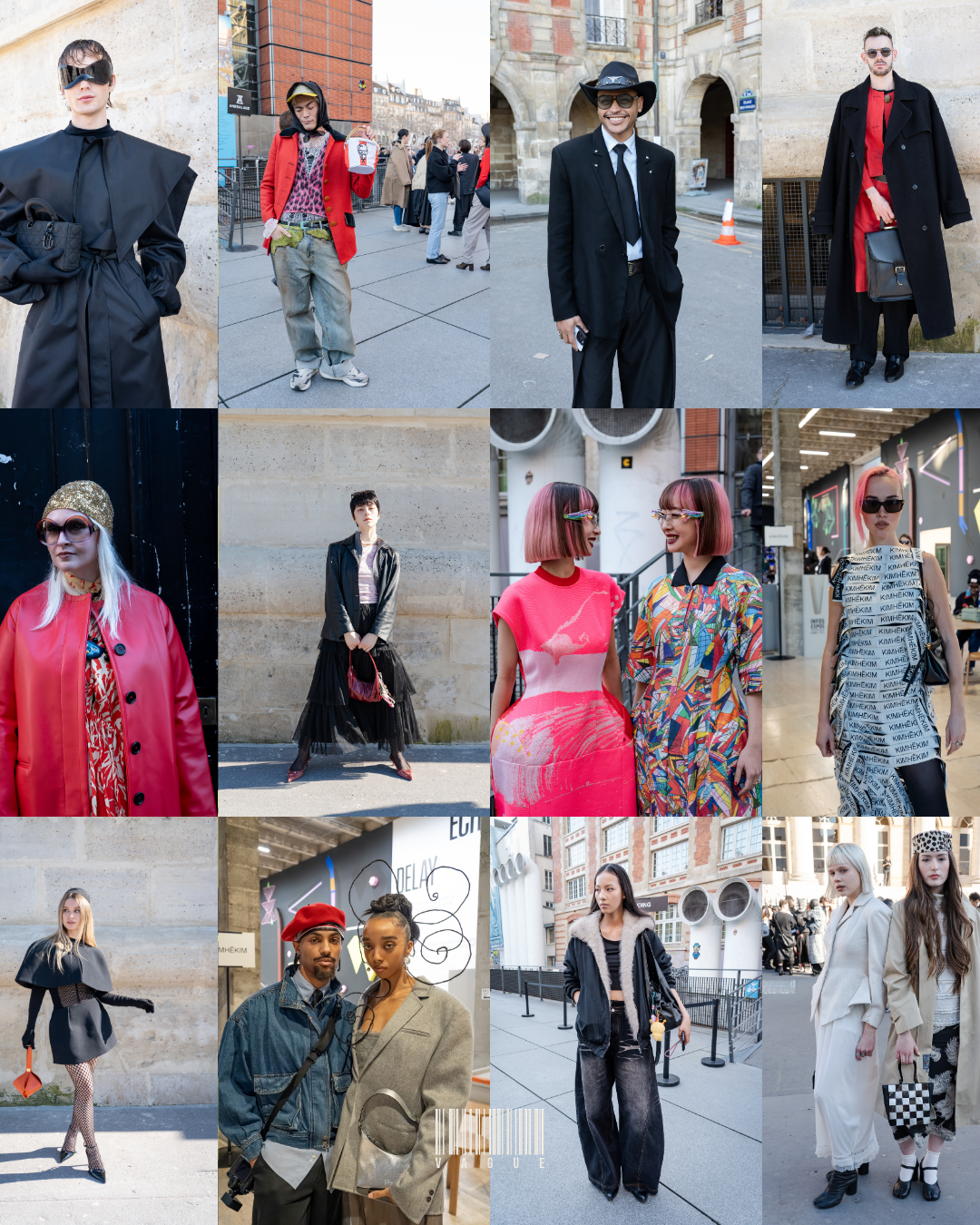 A 4x3 grid collage of portraits of a diverse array of people on the streets of Paris during Fashion Week AW26, creating a colour palette of pinks, reds and neutrals