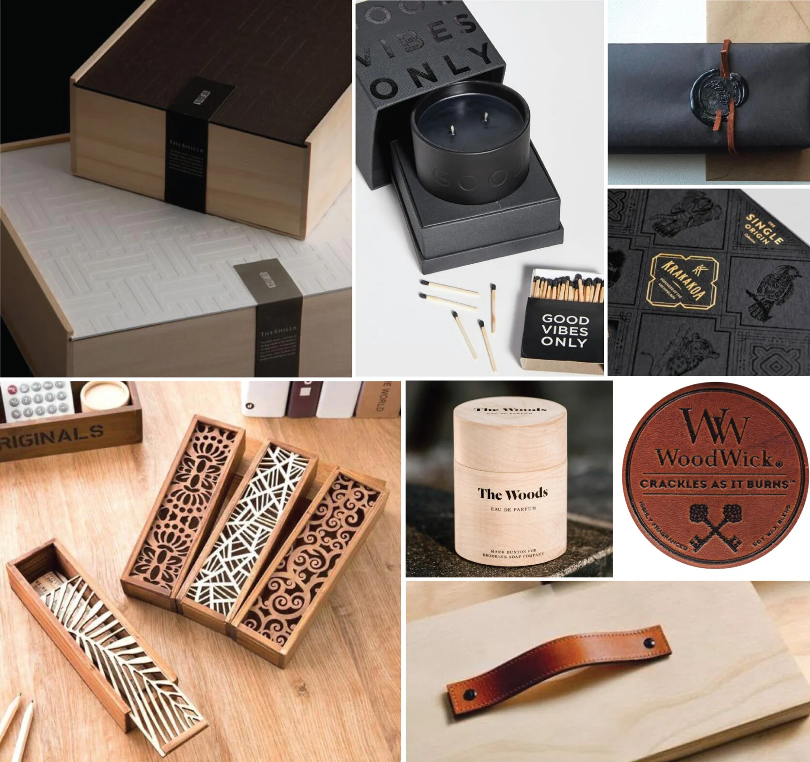 Design Inspiration I was inspired by delicate wooden packaging, with small touches of leather and embossing. Dark colors, with a spot varnish, and hints of gold throughout the packaging.