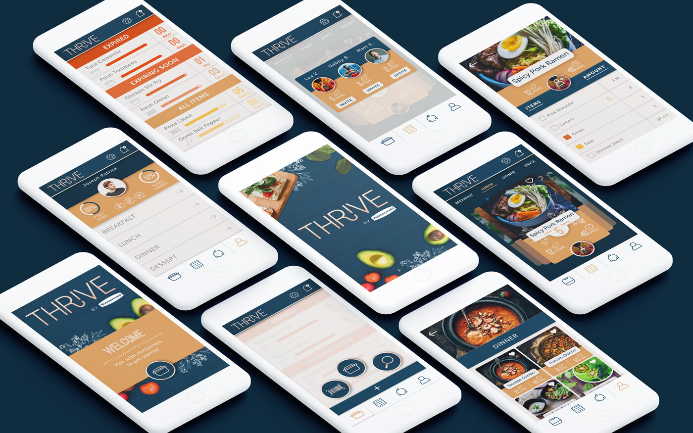 Thrive App As one of the two graphic designers on the team, my primary role was to create and design the Rubbermaid app. The app was created on Sketch and brought into Invision so users could interact and click through the screens.