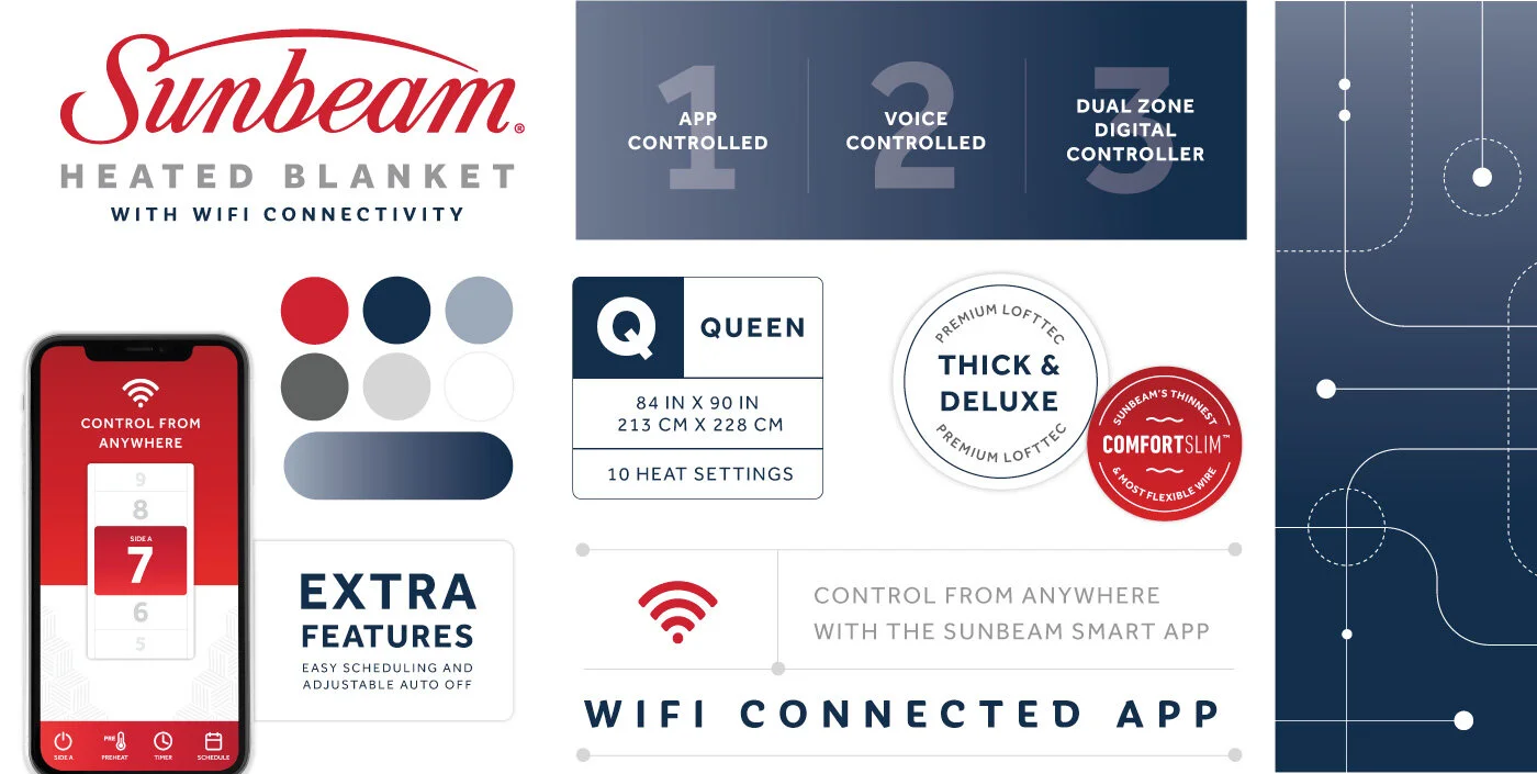 Packaging Style Guide Creating a new look for the Sunbeam Connected line. Sunbeam is proud of their wire technology, safety features, and that their blankets are assembled in the USA. Knowing this, I introduced blue into the color palette, and added…