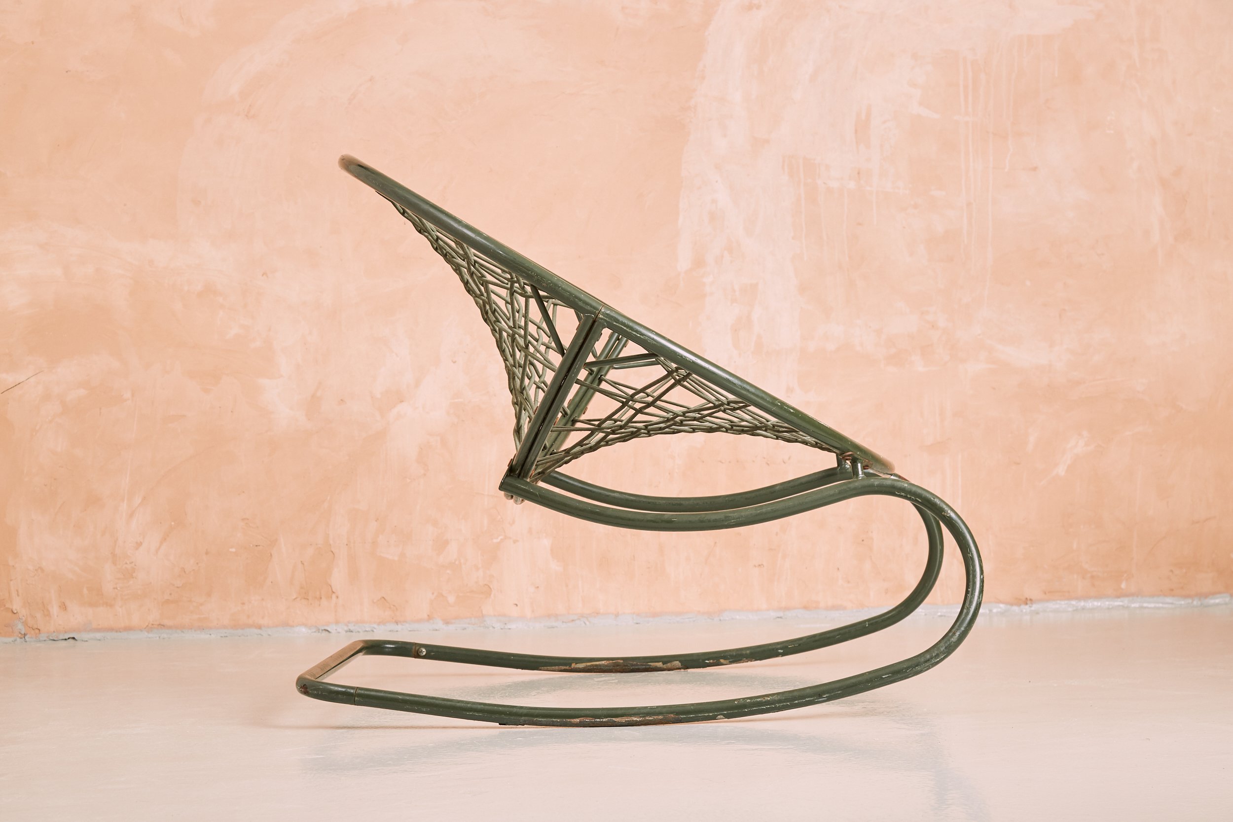 Vintage Ikea Niels Gammelgaard Axvall Rocking Chair Green tubular steel bungee cord