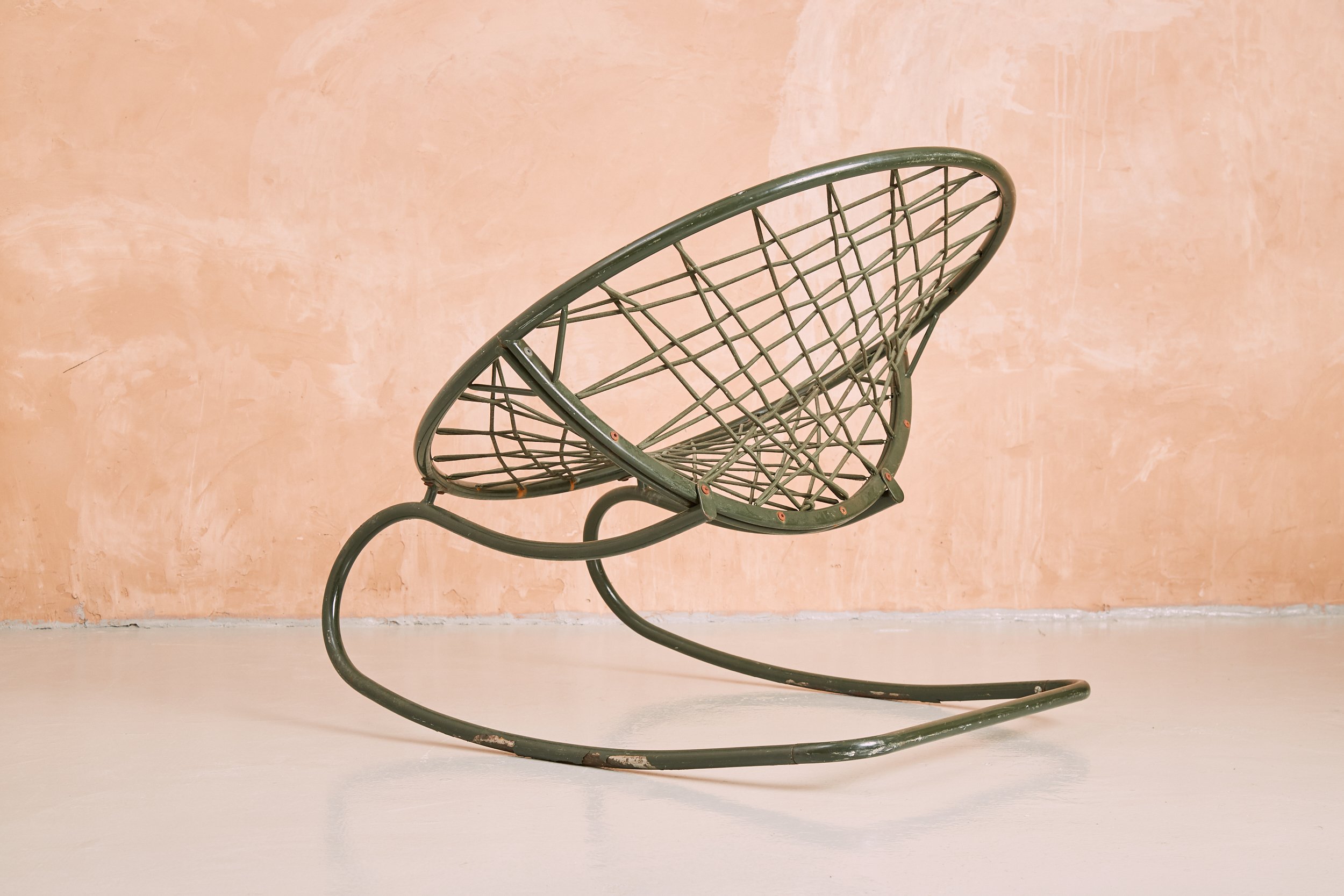 Vintage Ikea Niels Gammelgaard Axvall Rocking Chair Green tubular steel bungee cord