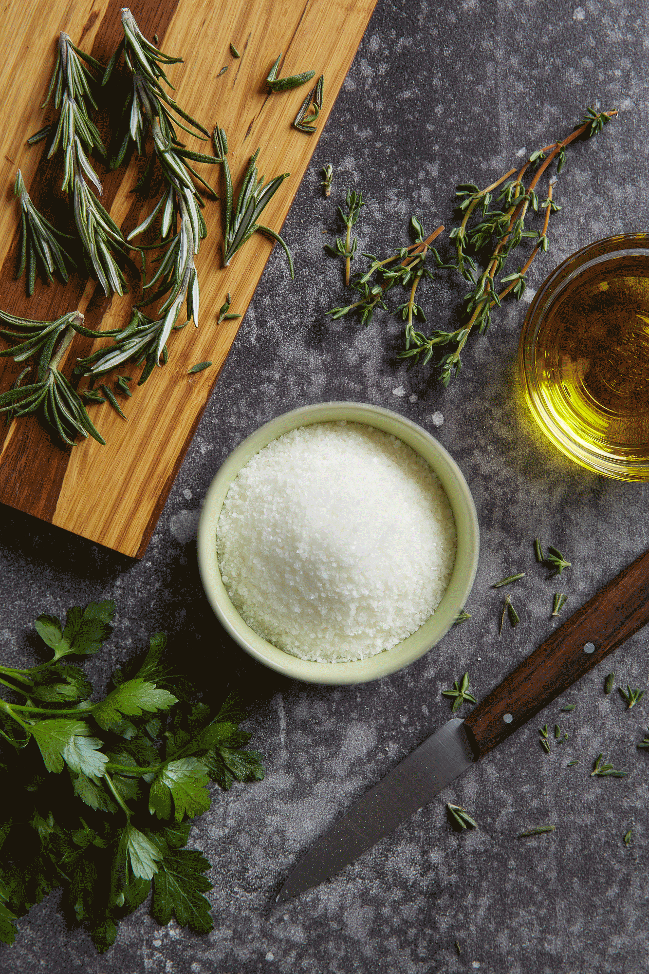 Assorted herbs and cheese with olive oil