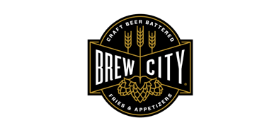 Brew City logo featuring a hop cone and wheat symbols with the text 'Craft Beer Bottled' and 'Fries & Appetizers'