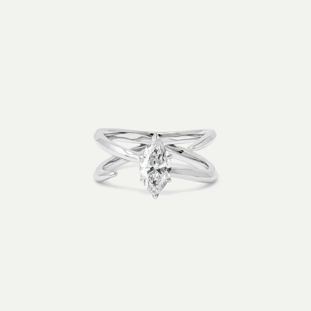 Alternative custom engagement ring of platinum double architectural ring with marquise-cut white diamond from EDXU bespoke jewellery London