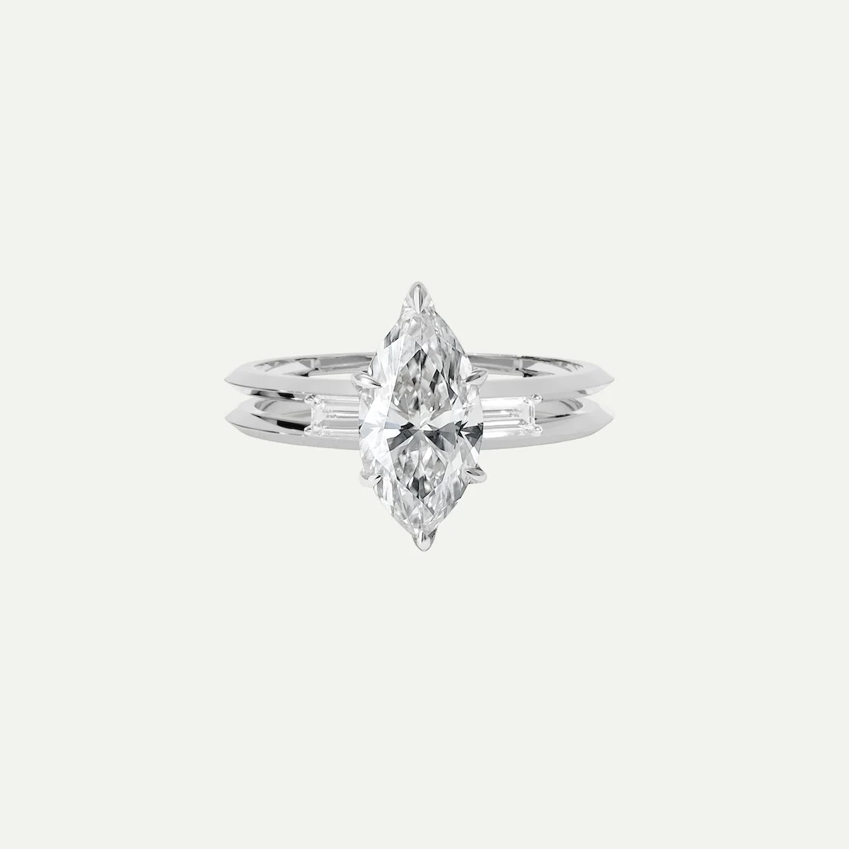 Modern engagement ring Xareni in platinum with marquise-cut and baguette-cut white diamonds from EDXU bespoke jeweller London