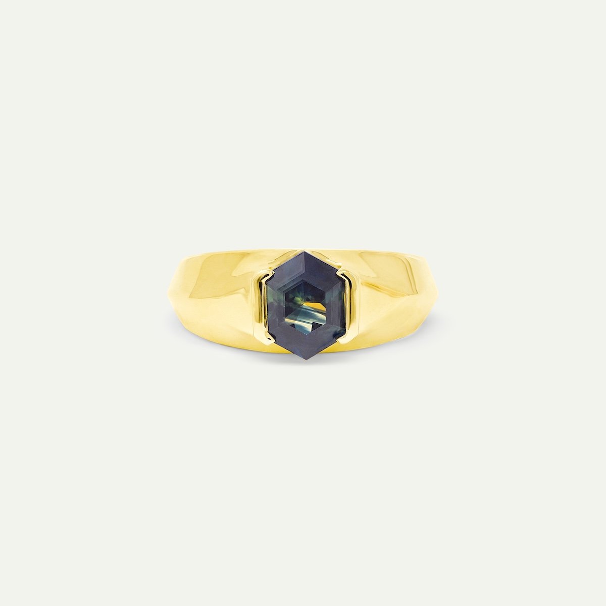 Ivardy bespoke alternative engagement ring in 18ct yellow gold with hexagon-cut bi-colour sapphire from EDXU custom London Jeweller