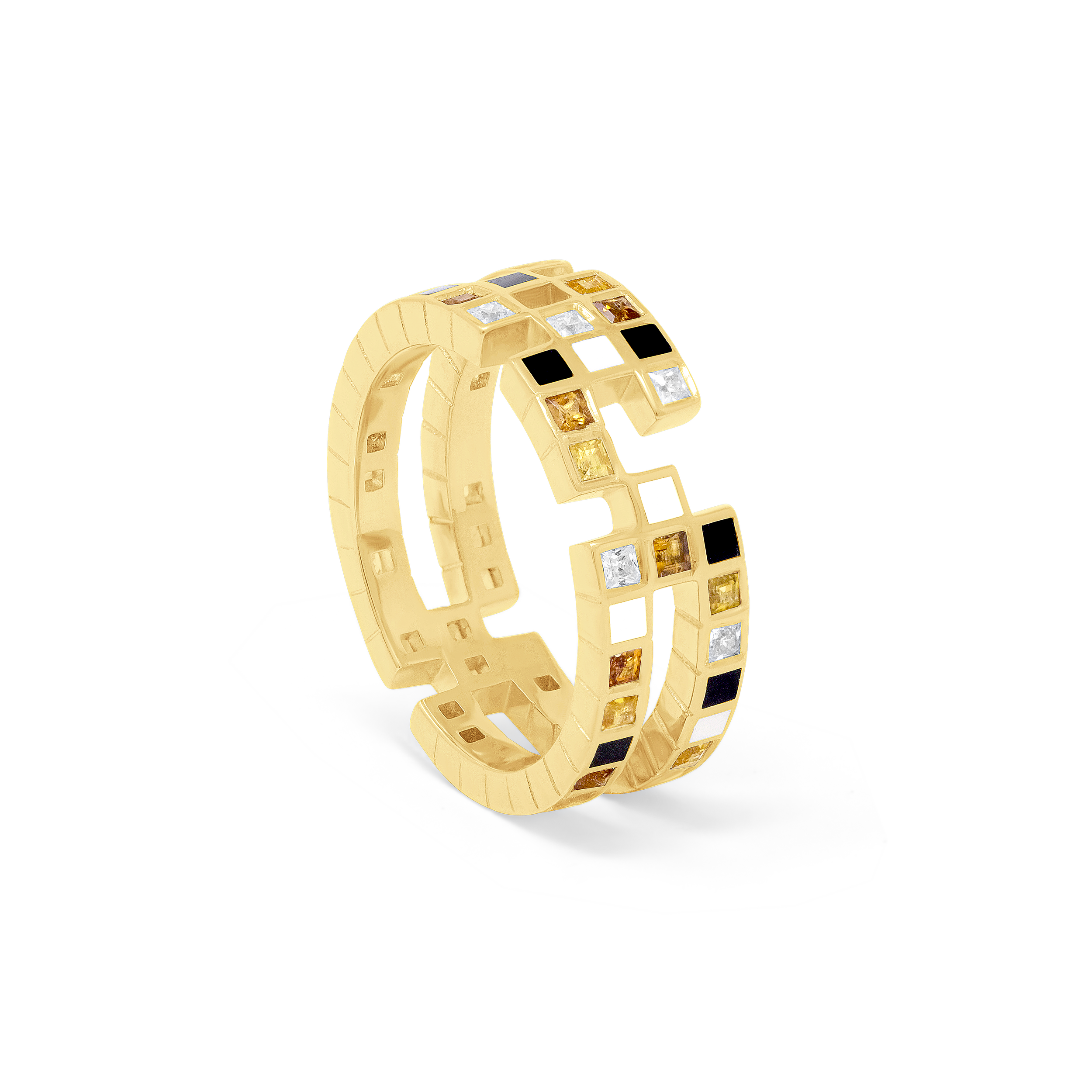 EDXU London product photo of Chichi Ring in 18k yellow gold vermeil with princess-cut citrine, lemon quartz, white topaz and hand-painted enamel