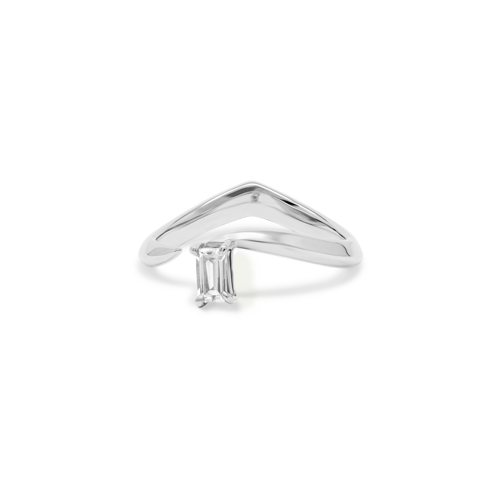 EDXU London product photo of Tears Emerald Ring in rhodium plated silver with emerald-cut white topaz