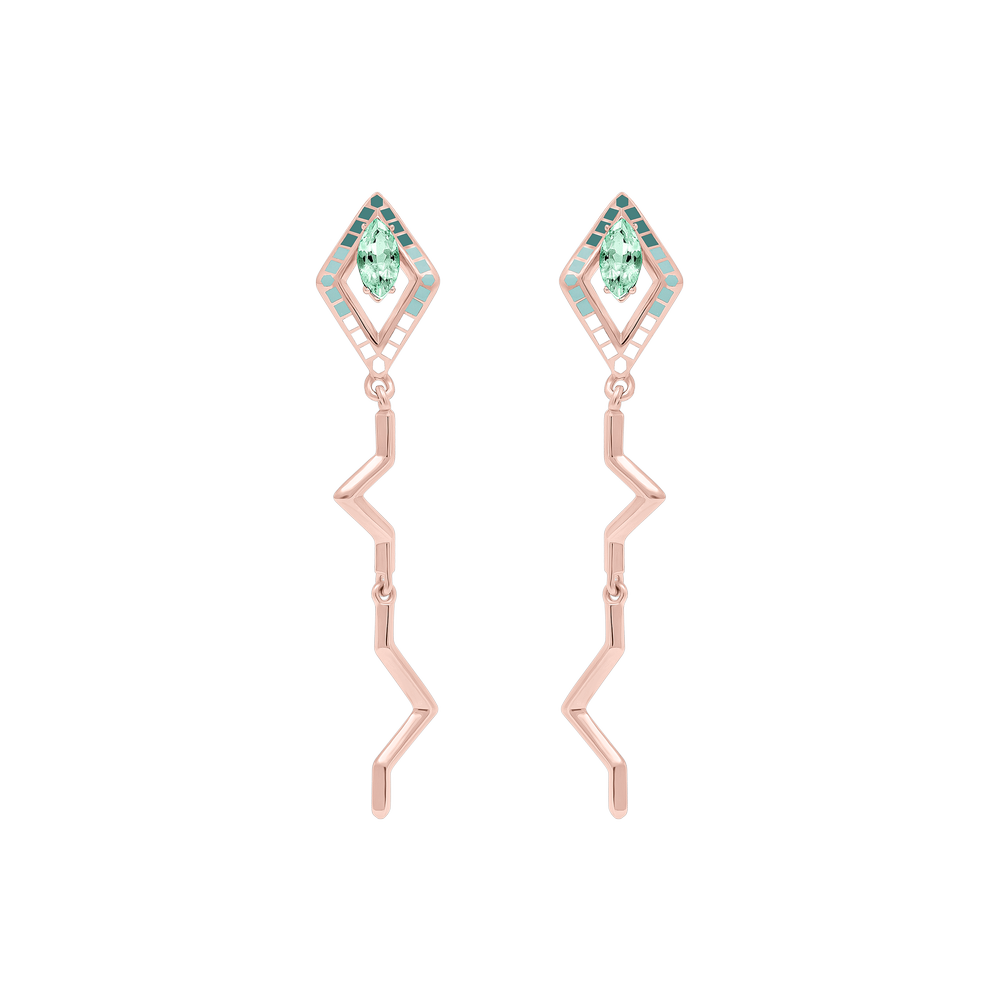 EDXU London product photo of Pipa Earrings in 18k rose gold vermeil with with marquise-cut green amethyst and hand-painted enamel