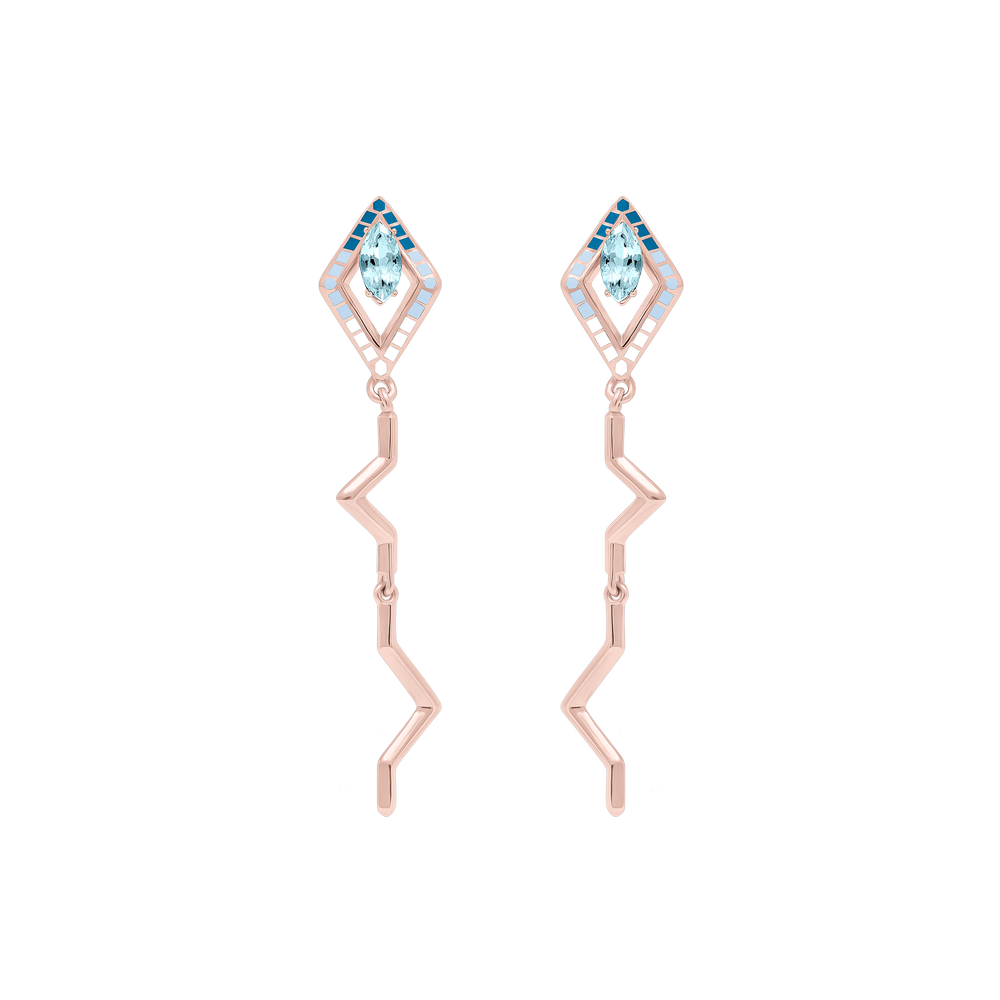 EDXU London product photo of Pipa Earrings in 18k rose gold vermeil with with marquise-cut sky blue topaz and hand-painted enamel