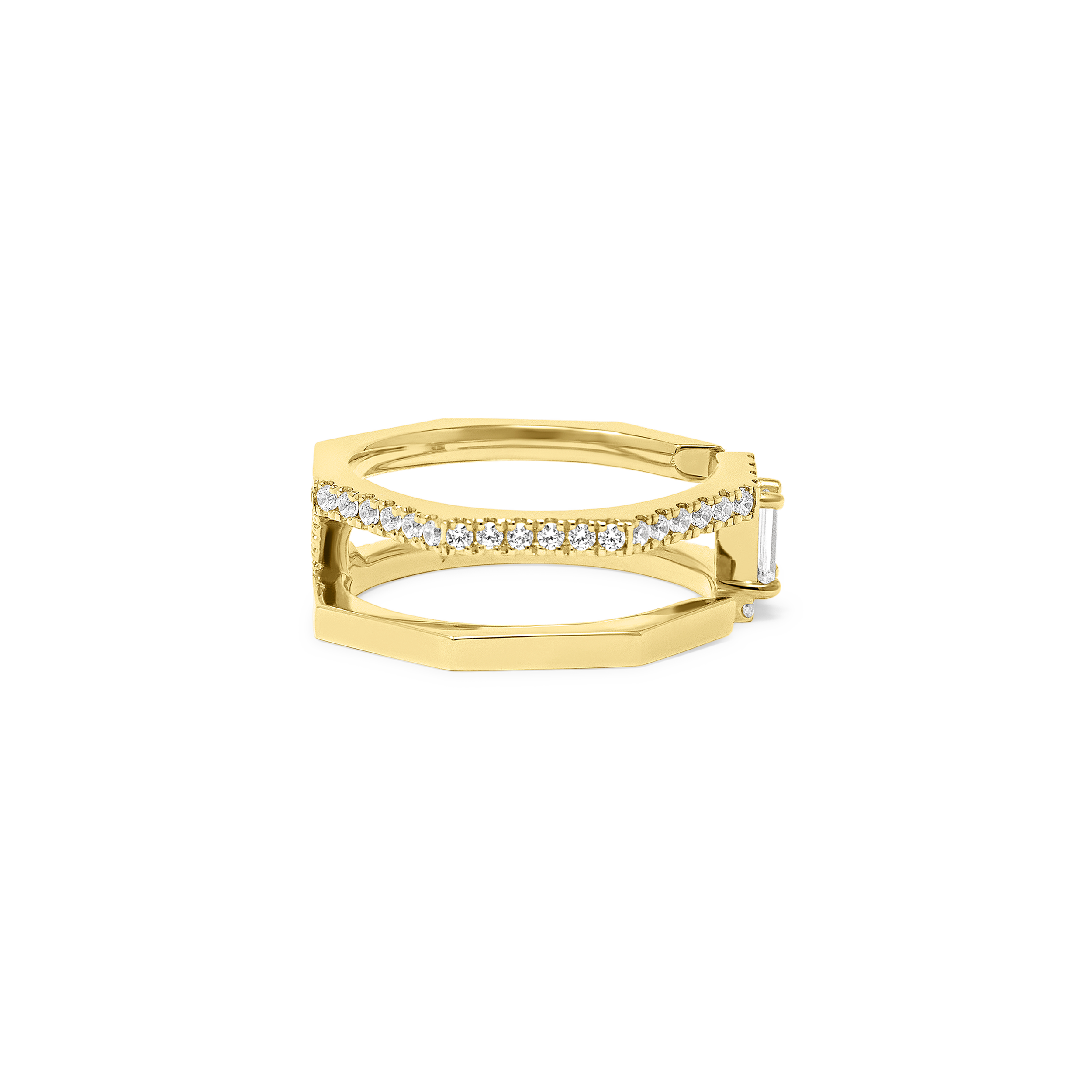 EDXU London product photo of Nexus Ring in 18k yellow gold with white diamonds pave with emerald-cut white sapphire