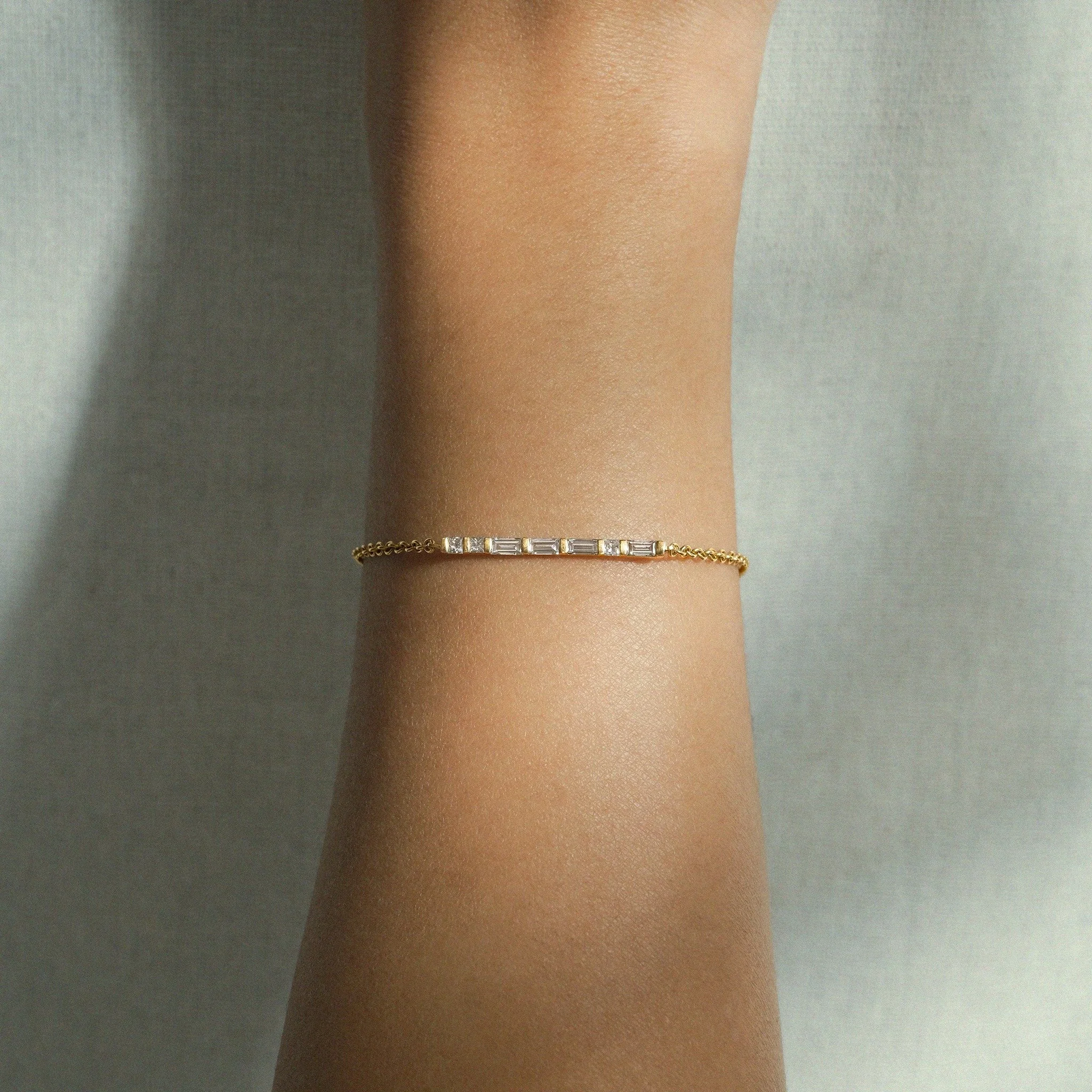 A message only you and your loved one understand. This Art Deco inspired bracelet transforms up to four characters into a secret Morse code, crafted with ethically sourced princess cut and baguette cut diamonds. Each stone is hand-set in a minimalist