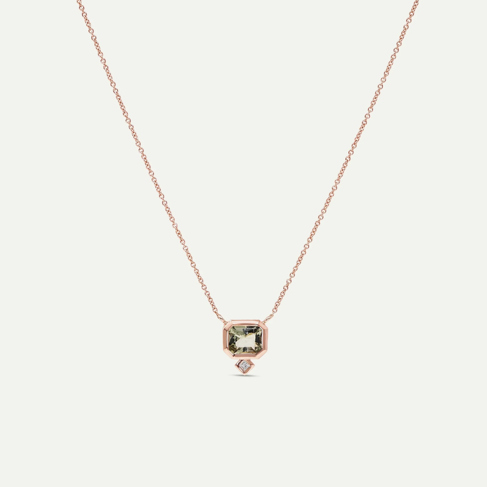 Rebellace necklace in 18ct rose gold with radiant-cut green sapphire paired with 1.50mm princess-cut white diamond from EDXU bespoke jewellery London
