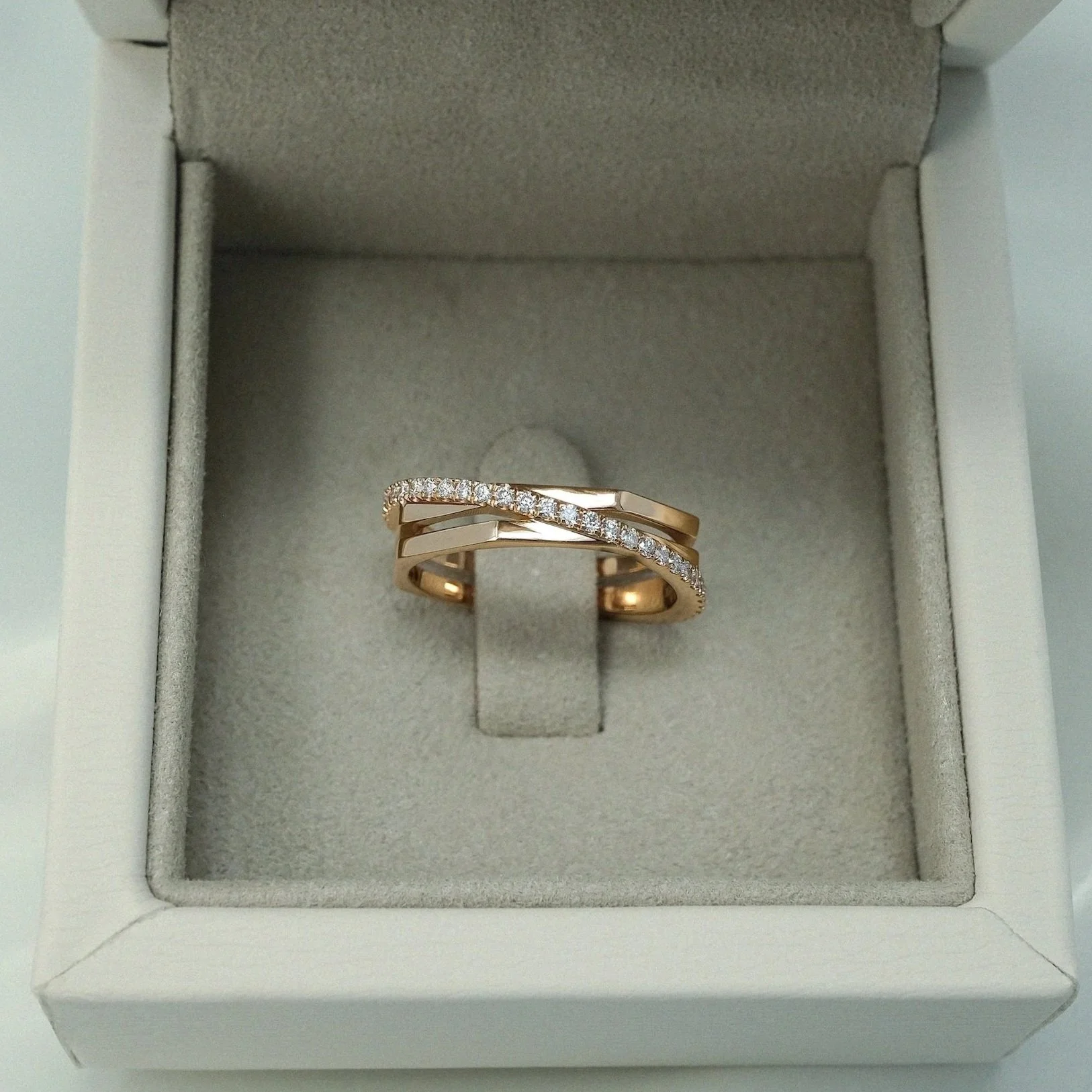 18k rose gold with 6.05ct asscher-cut tanzanite with 2 round brilliant-cut white diamonds EDXU London Bespoke Ring
