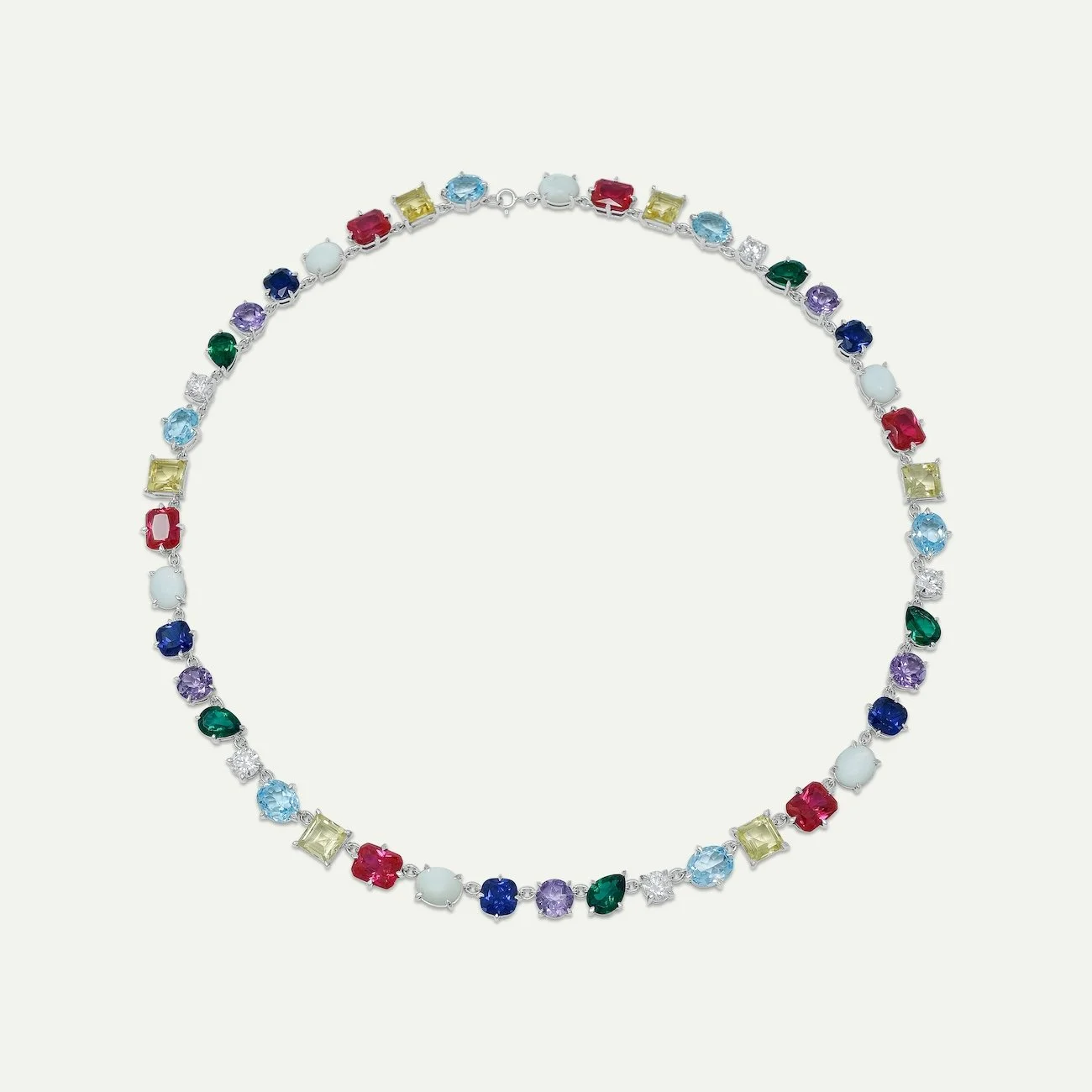 Bespoke necklace in platinum with aquamarine, citrine, ruby, mother of pearl, sapphire, amethyst and emerald from EDXU custom jeweller London
