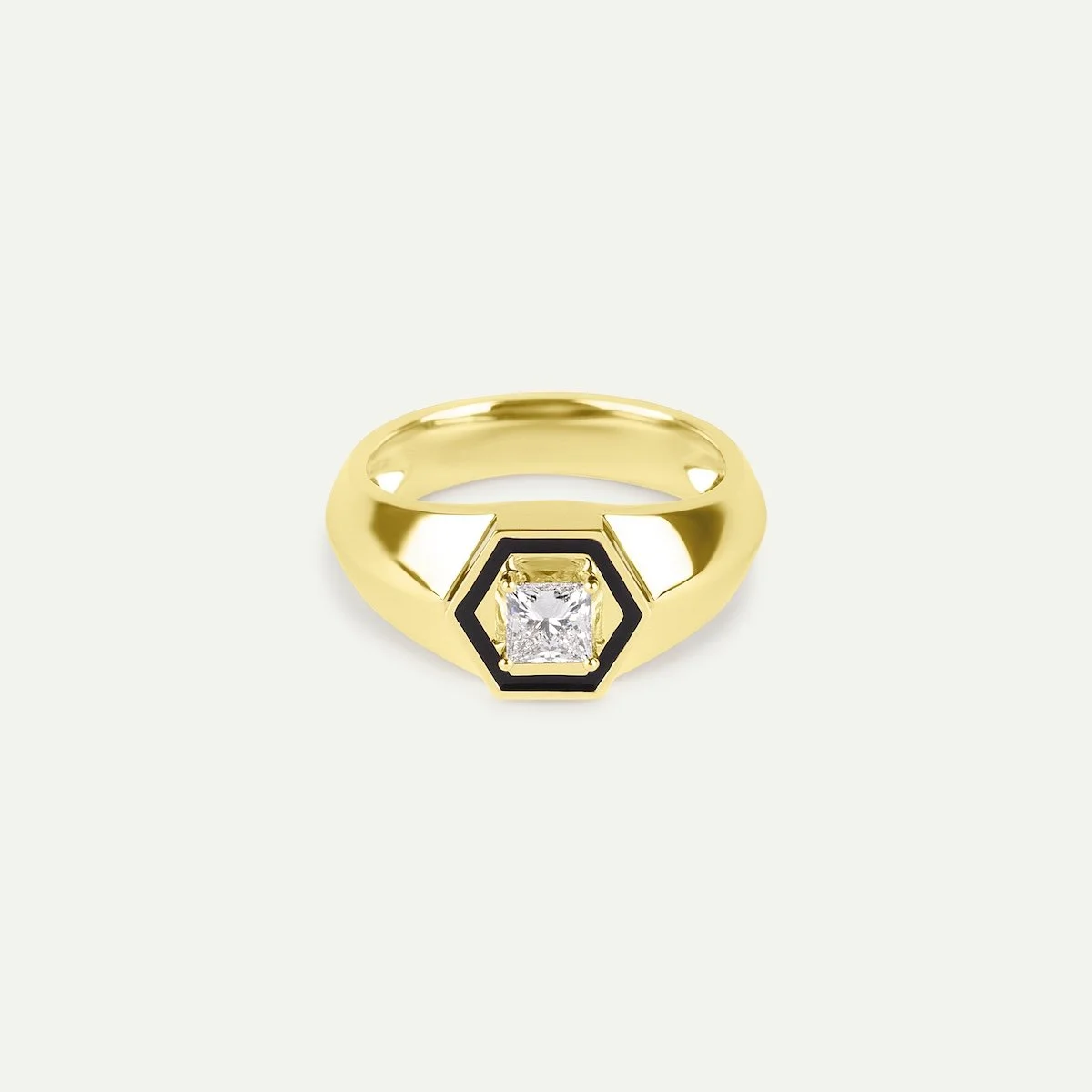 Bespoke diamond ring in 18ct yellow gold art-deco ring with princess-cut diamond and hand-painted black enamel from EDXU bespoke jeweller London